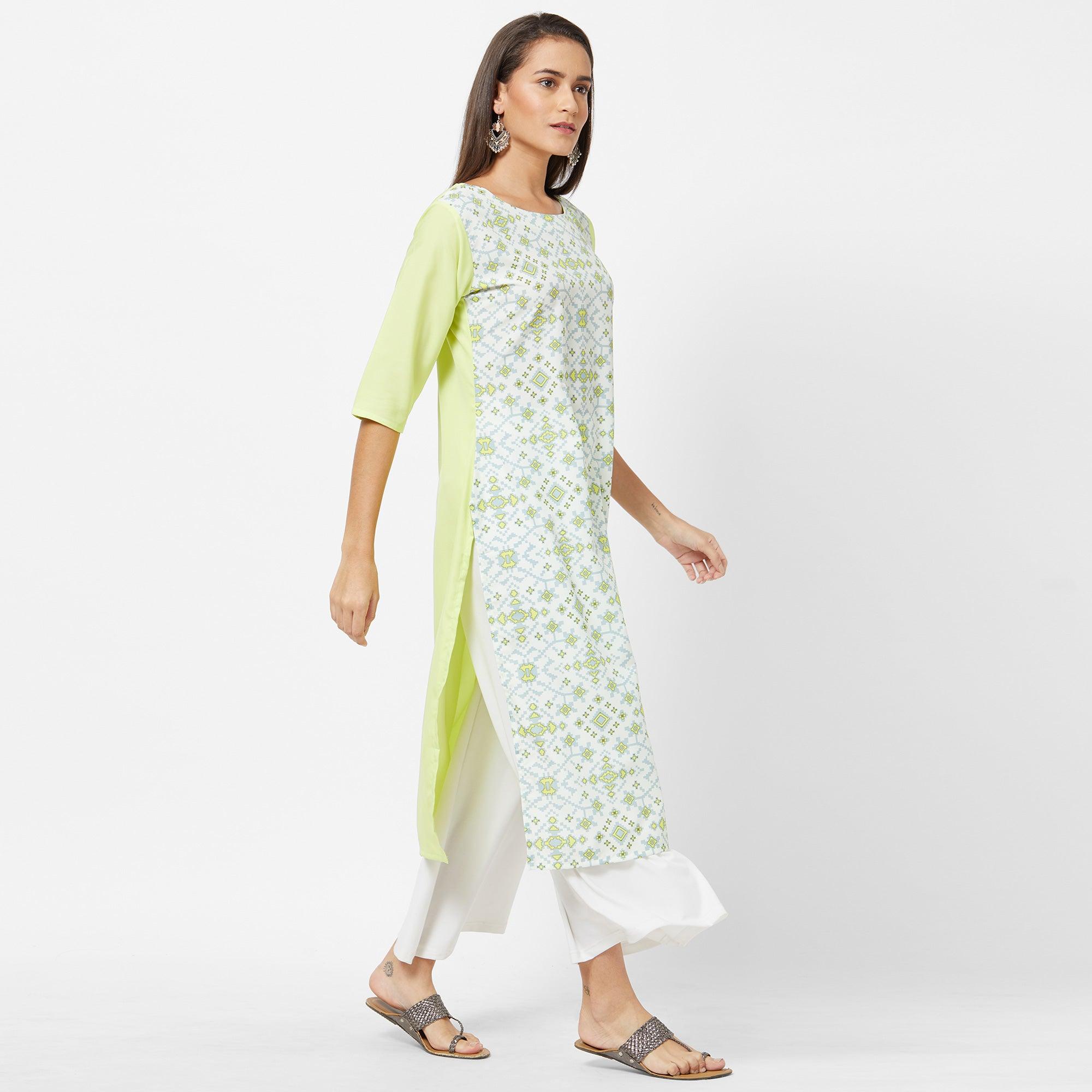 White Geometric Printed Crepe Kurti - Peachmode