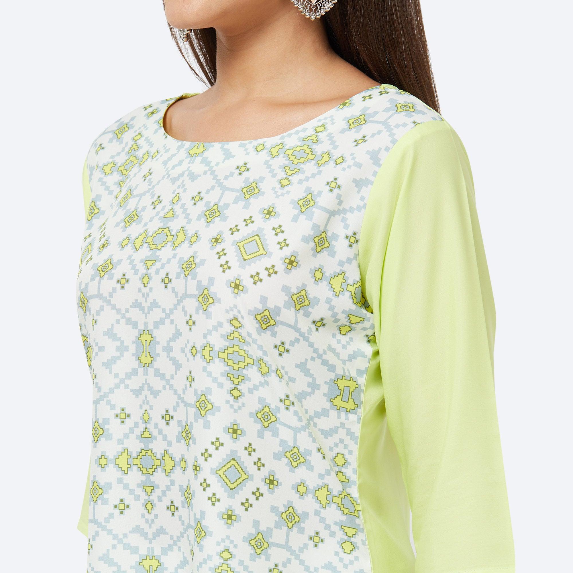 White Geometric Printed Crepe Kurti - Peachmode