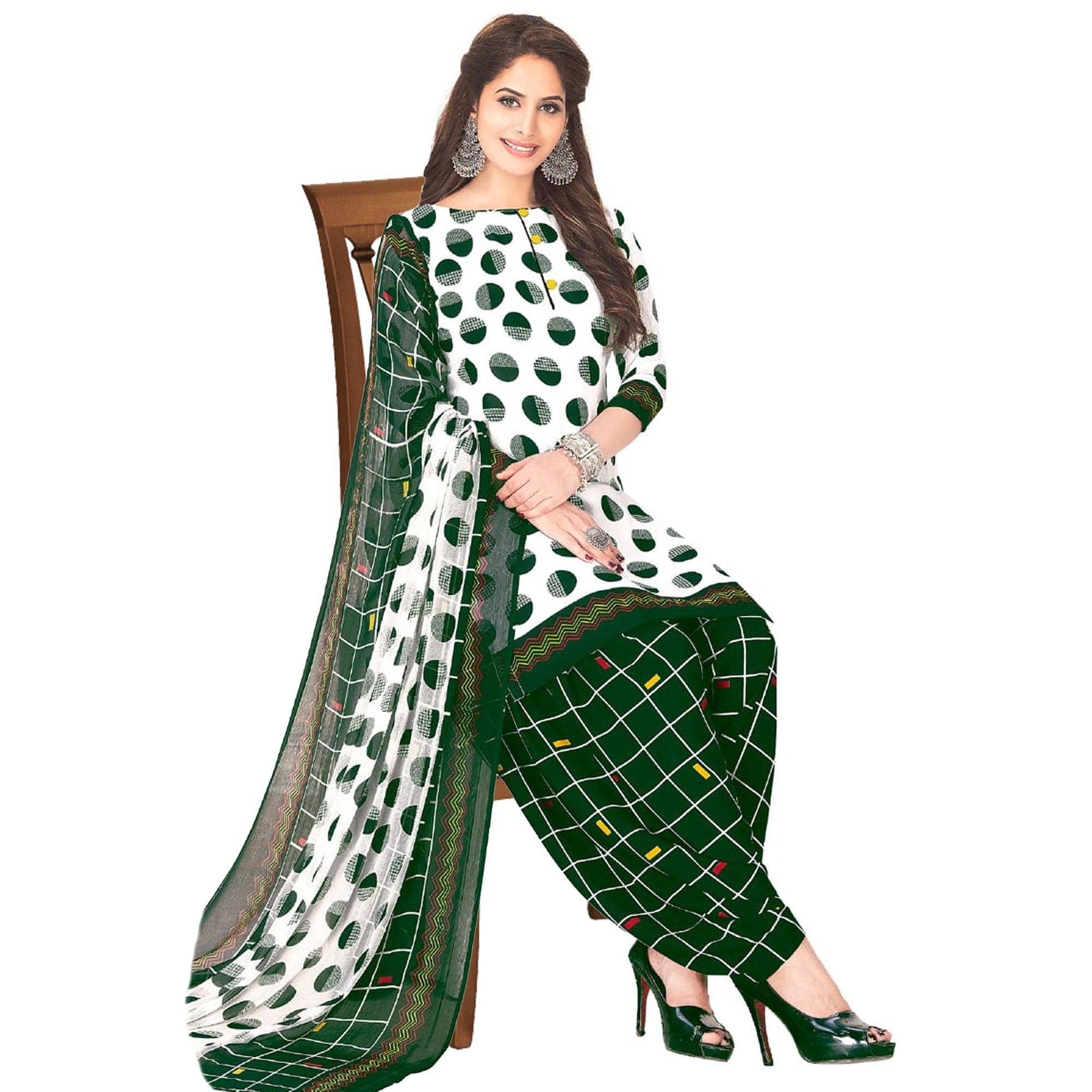 White - Green Casual Wear Printed Poly Crepe Patiala Dress Material - Peachmode