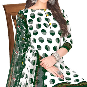 White - Green Casual Wear Printed Poly Crepe Patiala Dress Material - Peachmode