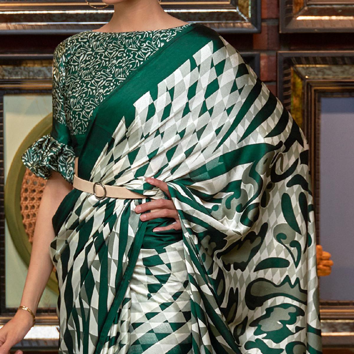 White-Green Casual Wear Stripe Printed Satin Silk Saree - Peachmode