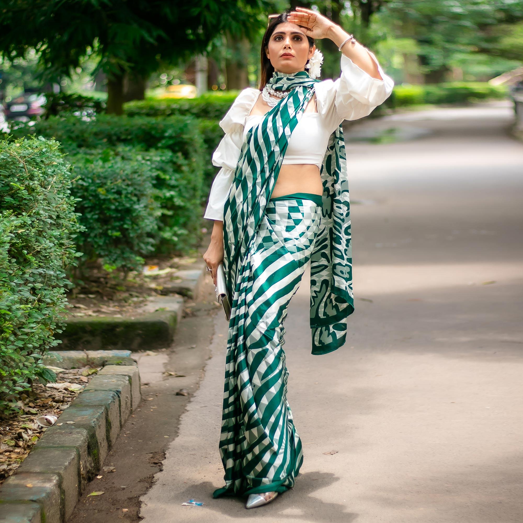 White-Green Casual Wear Stripe Printed Satin Silk Saree - Peachmode