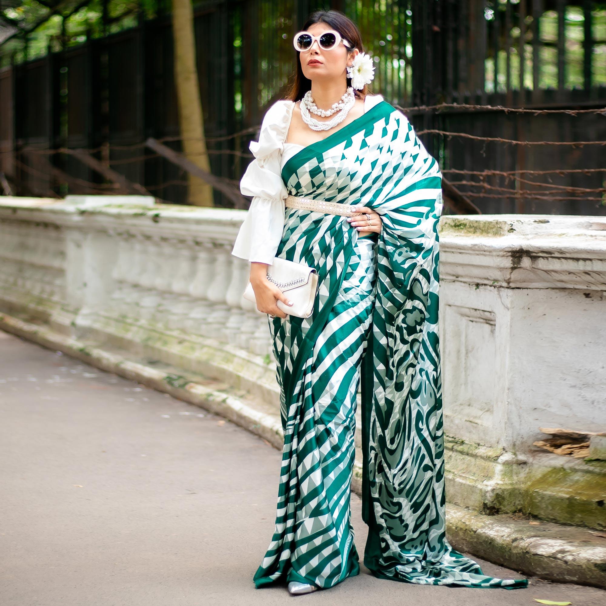 White-Green Casual Wear Stripe Printed Satin Silk Saree - Peachmode