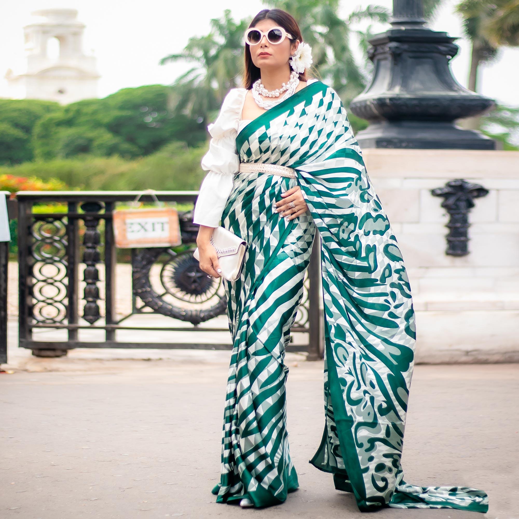 White-Green Casual Wear Stripe Printed Satin Silk Saree - Peachmode