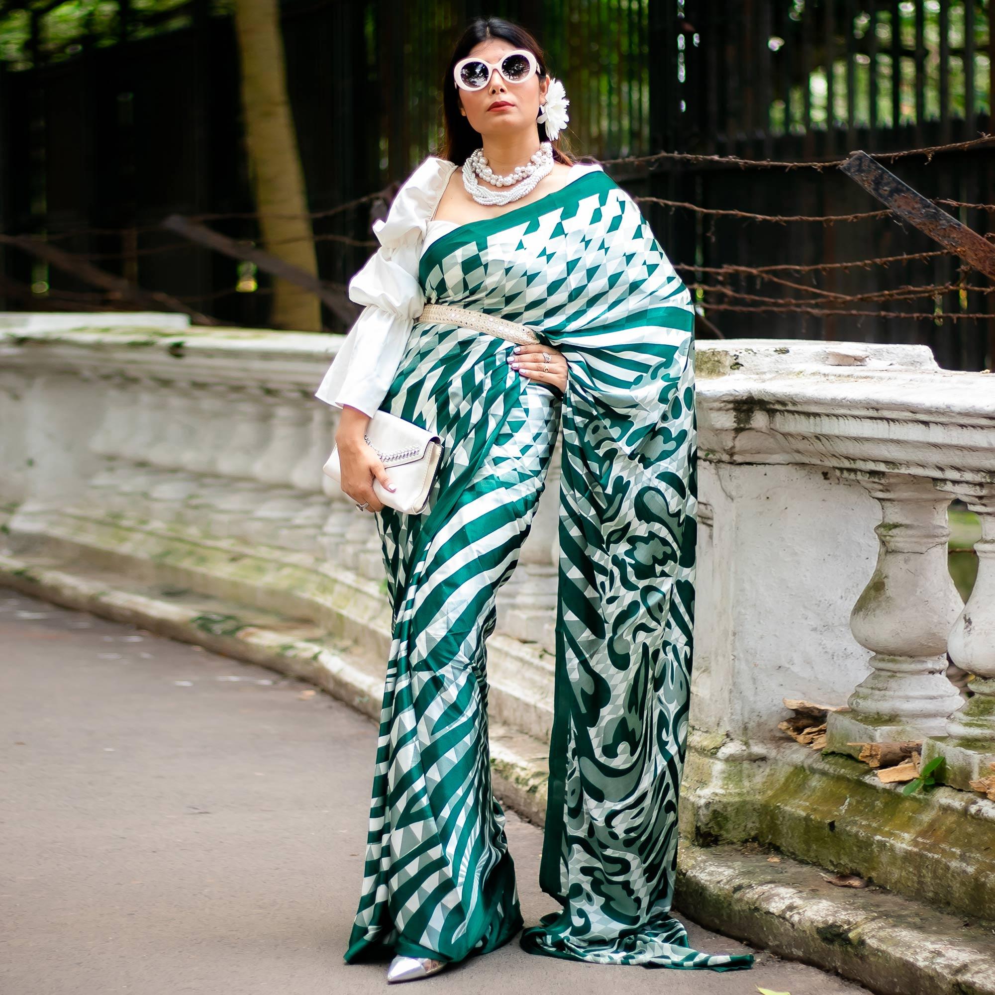 White-Green Casual Wear Stripe Printed Satin Silk Saree - Peachmode