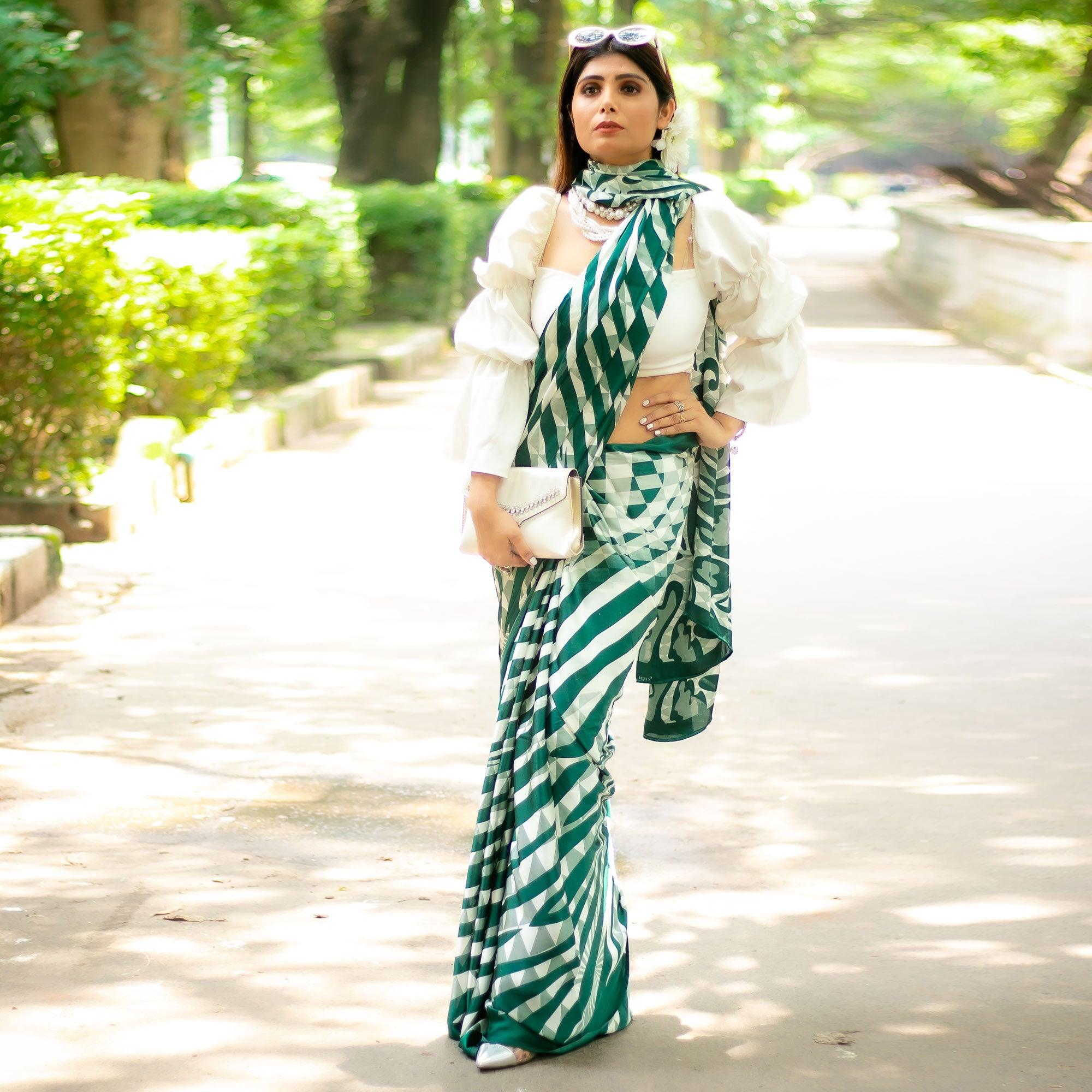 White-Green Casual Wear Stripe Printed Satin Silk Saree - Peachmode