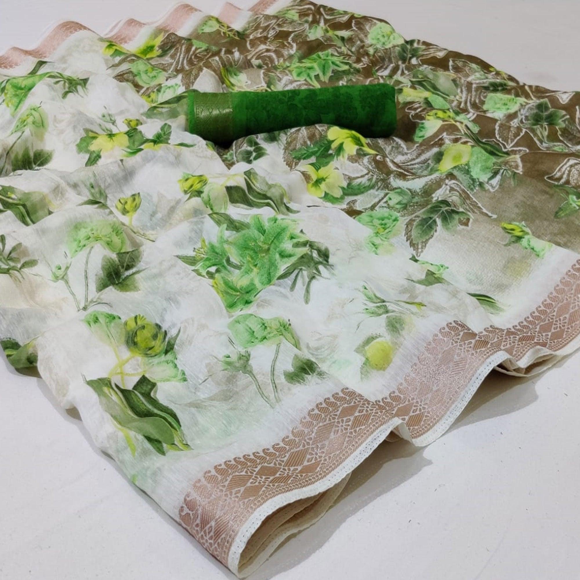 White-Green Festive Wear Floral Printed Woven Border Cotton Saree - Peachmode