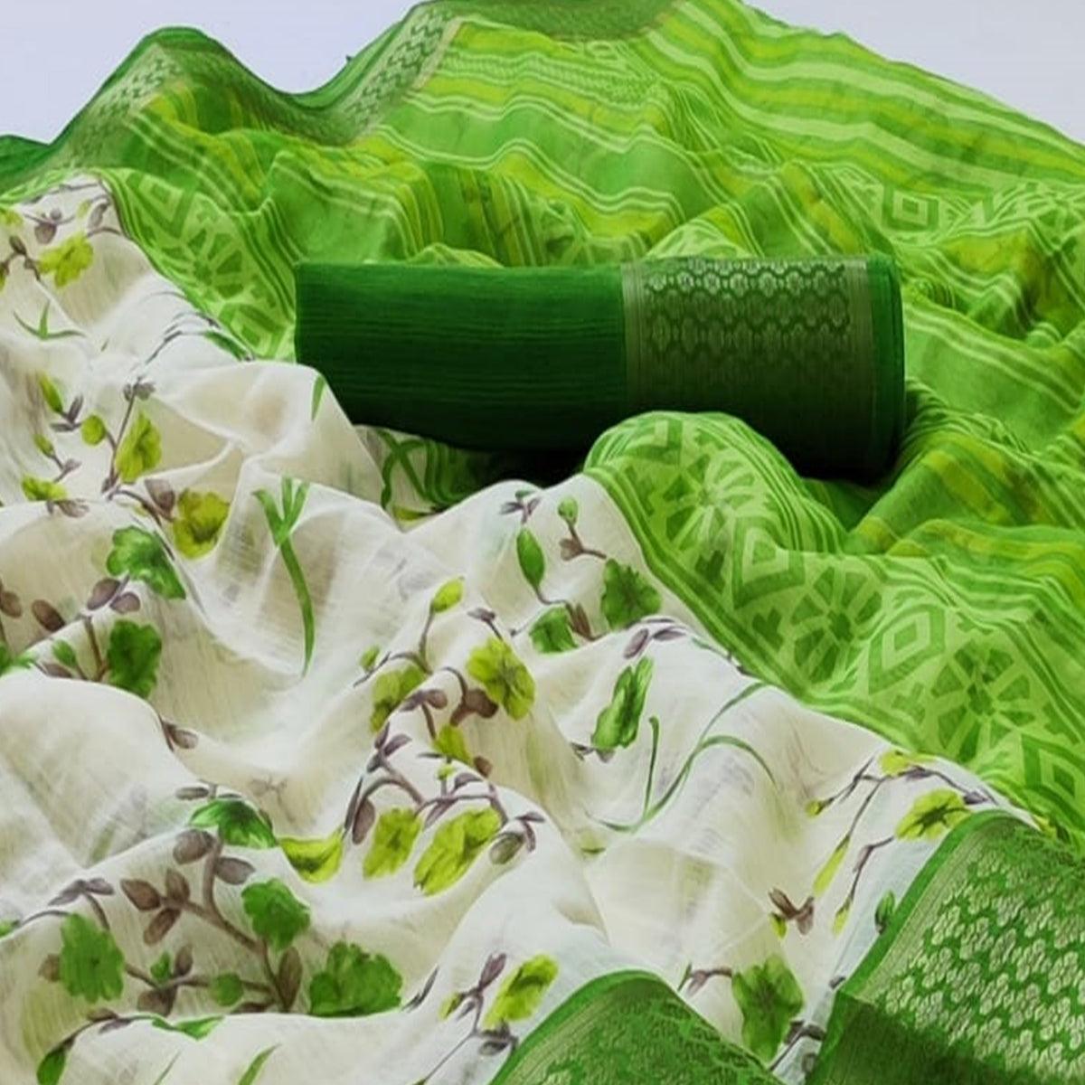 White-Green Festive Wear Floral Printed Woven Border Cotton Saree - Peachmode
