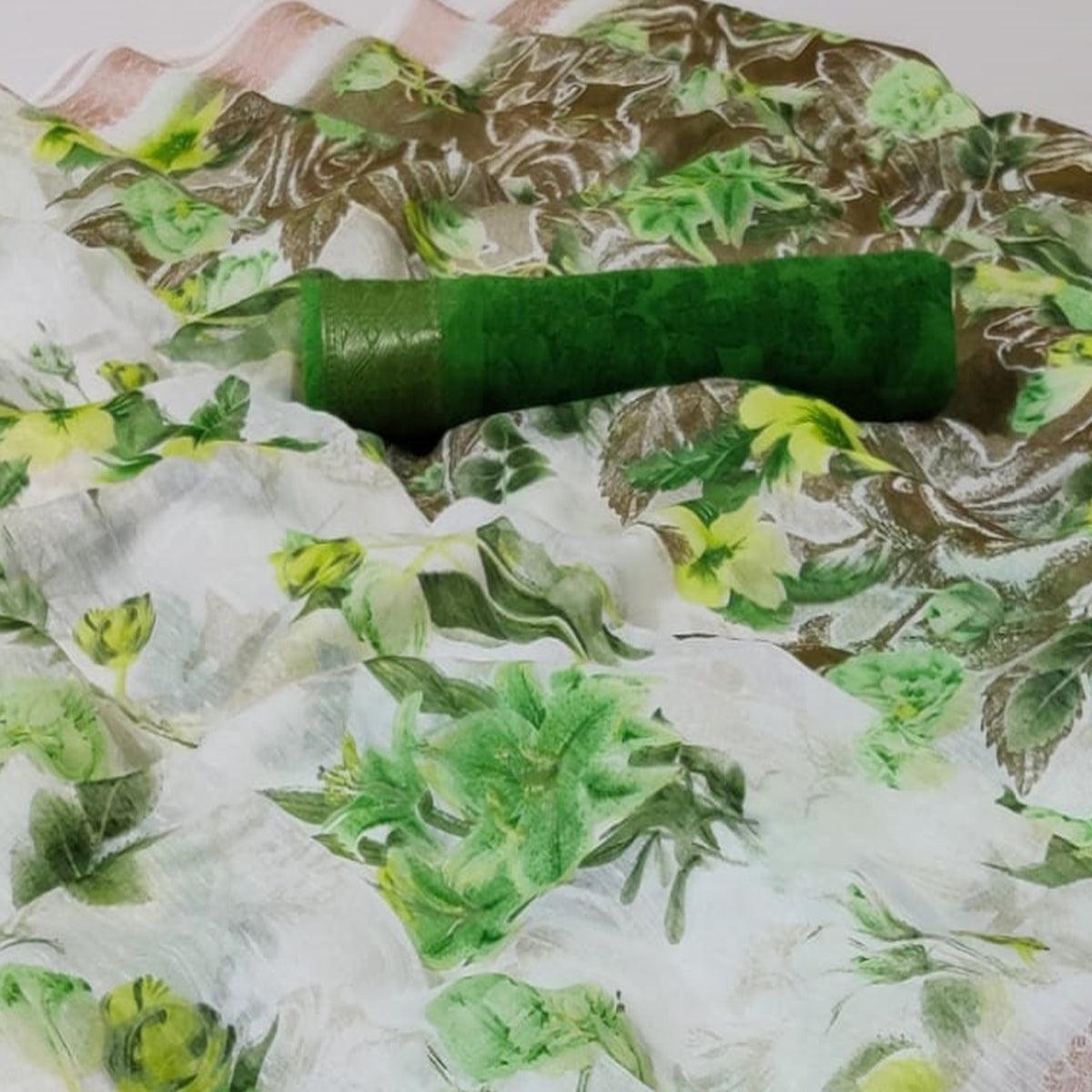 White-Green Festive Wear Floral Printed Woven Border Cotton Saree - Peachmode