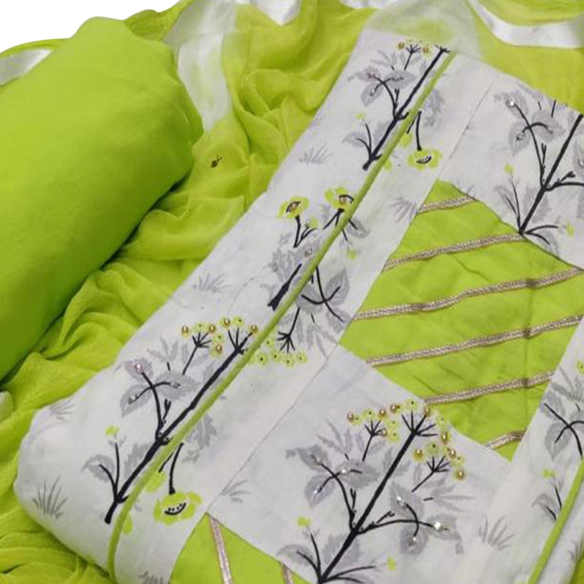 White - Green Printed Poly Cotton Dress Material - Peachmode