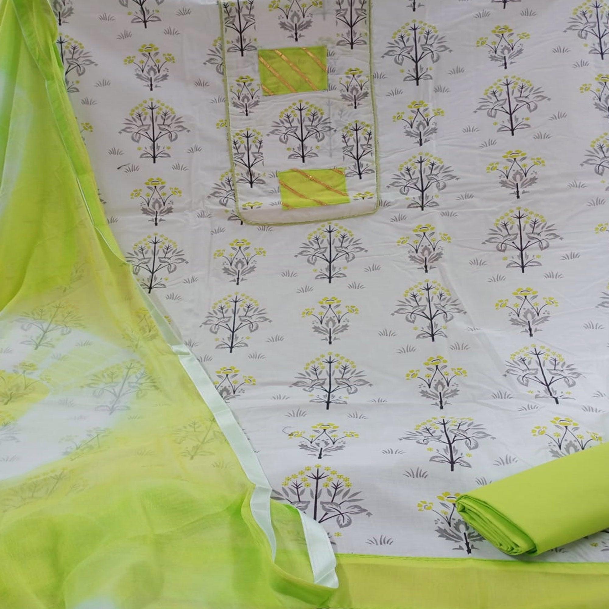 White - Green Printed Poly Cotton Dress Material - Peachmode