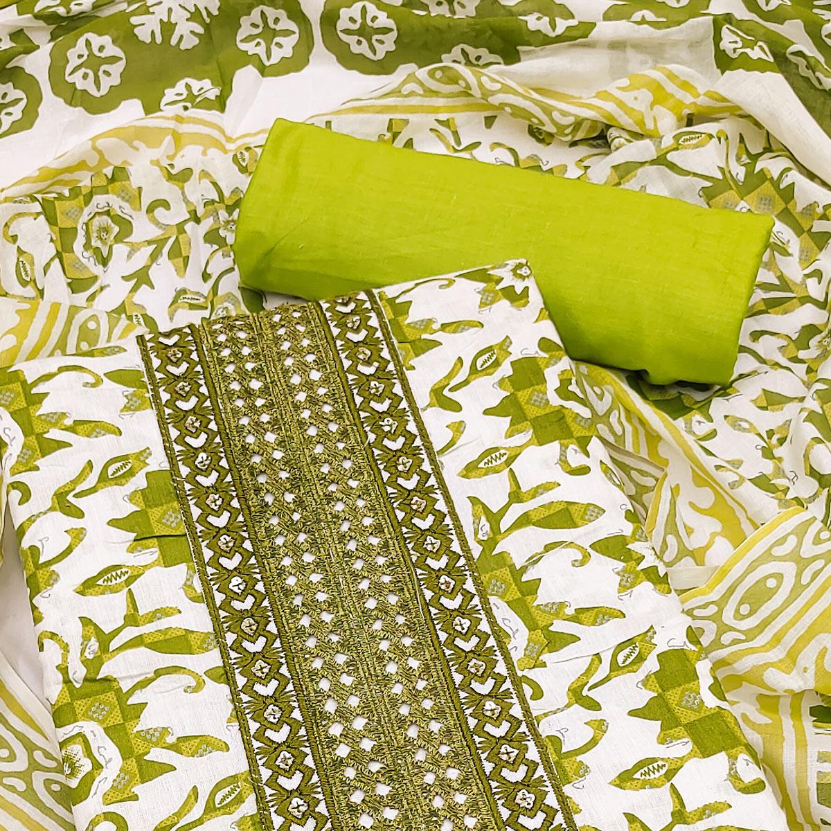 White-Green Printed With Embroidered Cotton Blend Dress Material - Peachmode