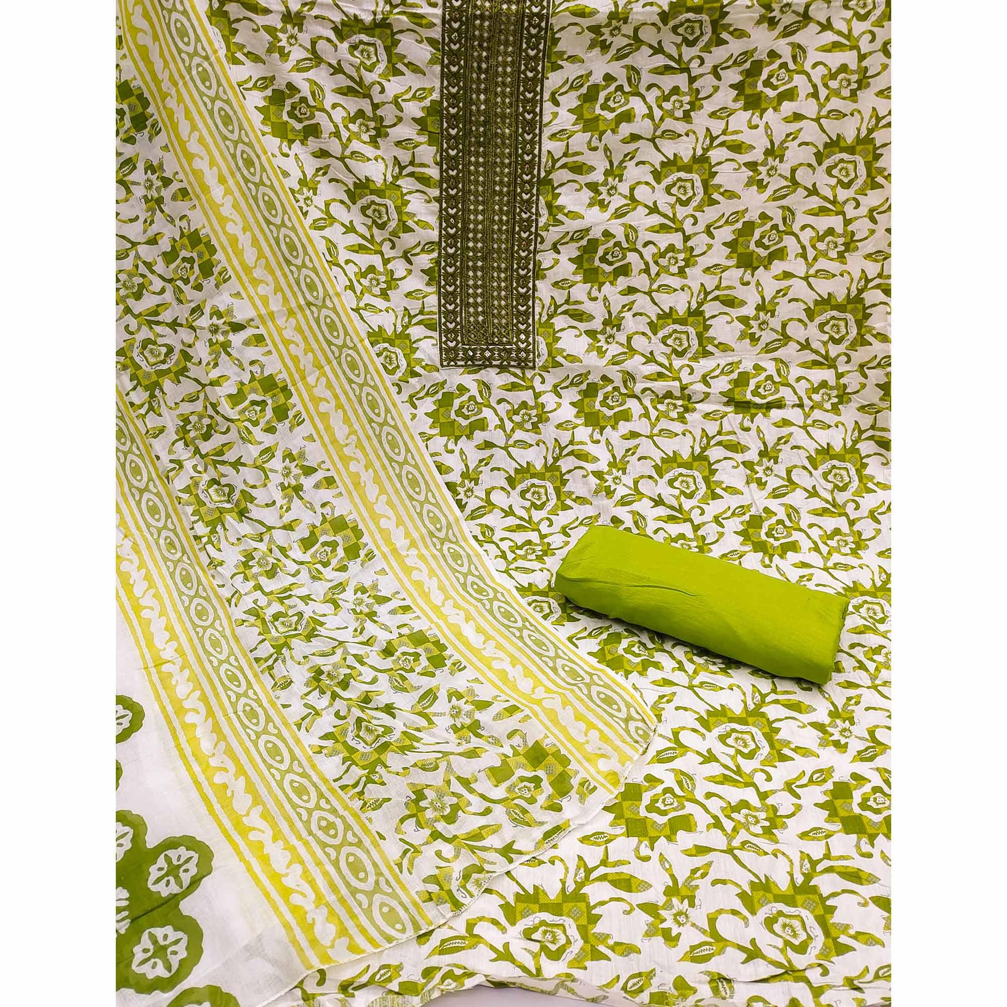 White-Green Printed With Embroidered Cotton Blend Dress Material - Peachmode