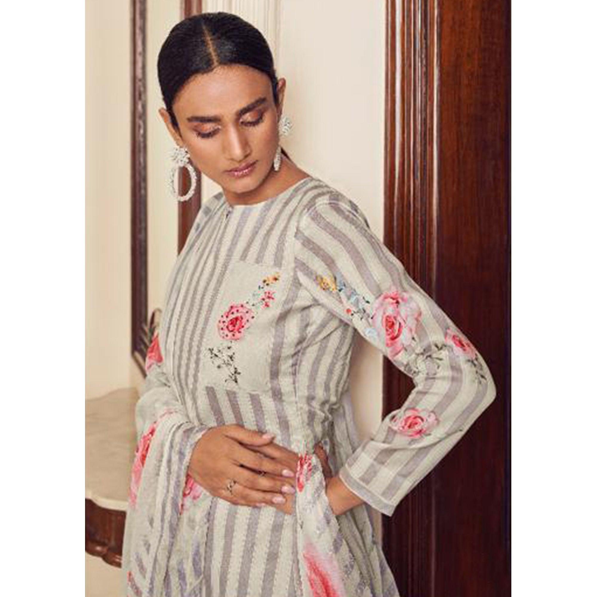 White-Grey Floral Digital Printed With Handwork Cambric Cotton Partywear Suit - Peachmode