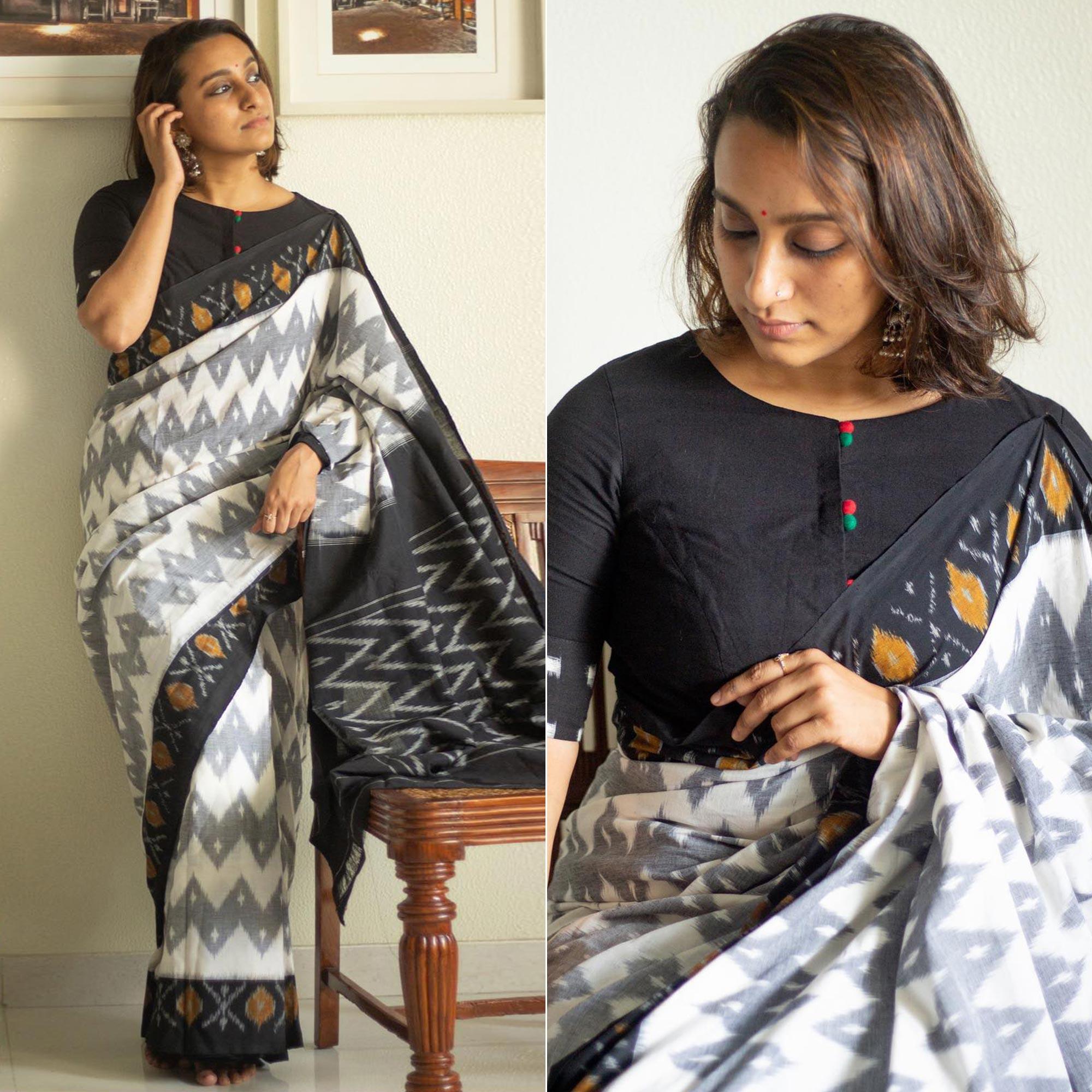 White-Grey Ikkat Printed Linen Saree - Peachmode