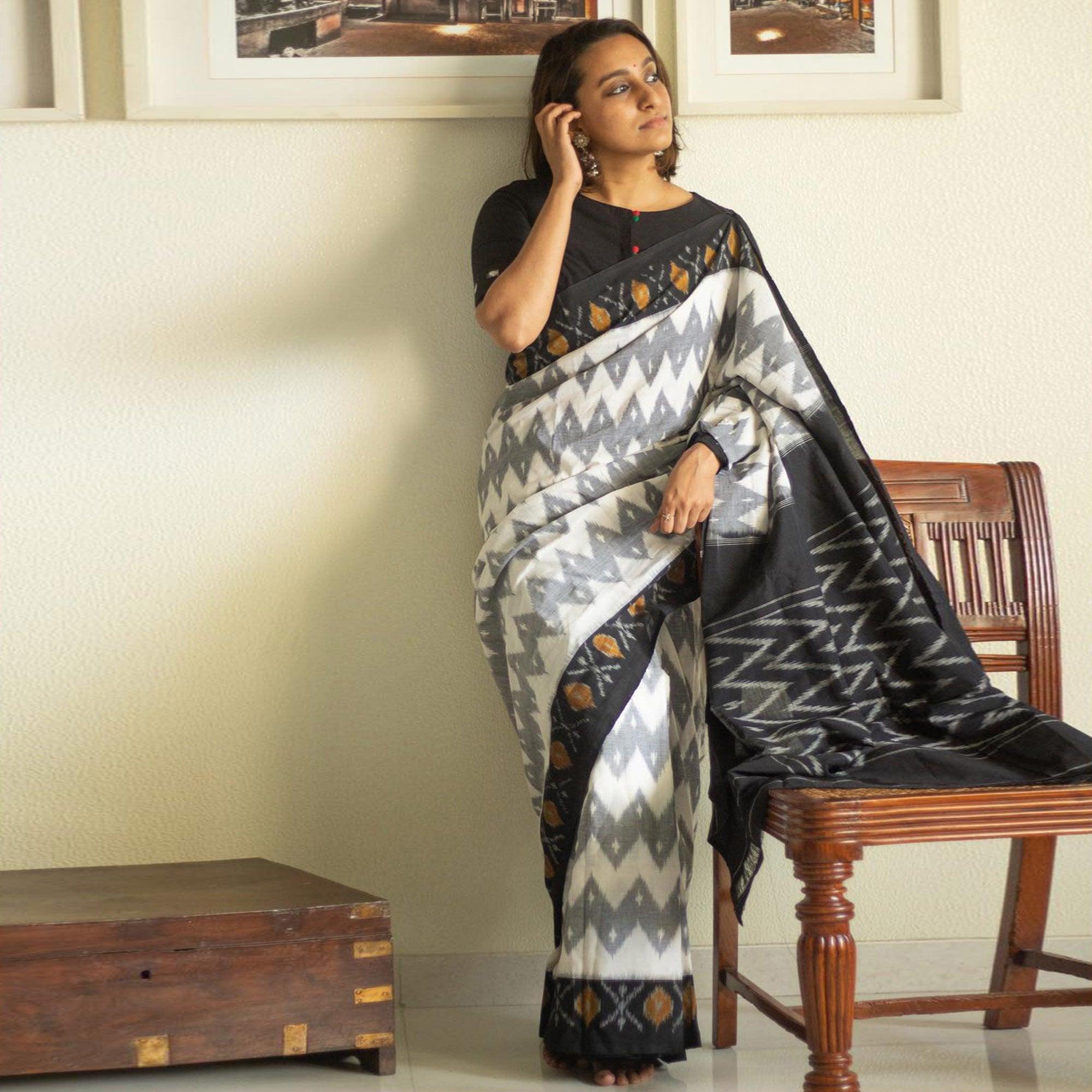 White-Grey Ikkat Printed Linen Saree - Peachmode