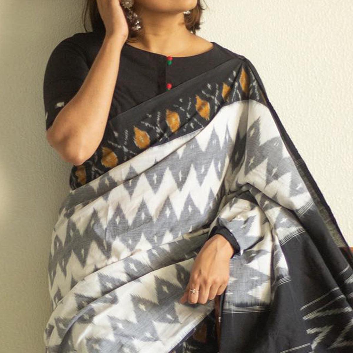 White-Grey Ikkat Printed Linen Saree - Peachmode