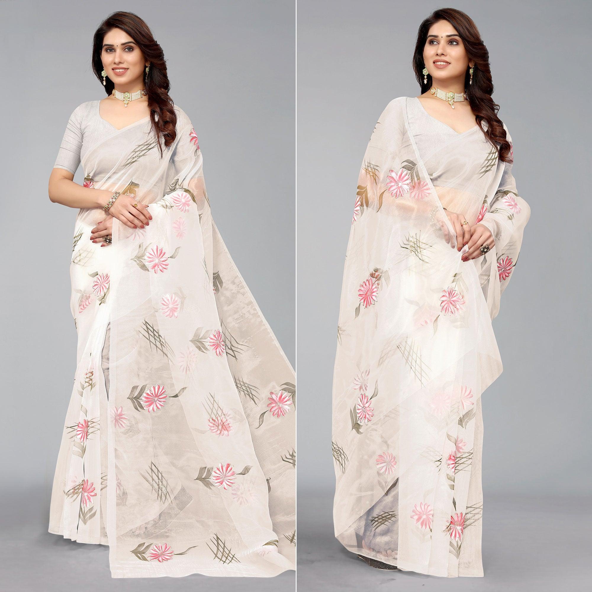 White Hand Printed Organza Saree - Peachmode