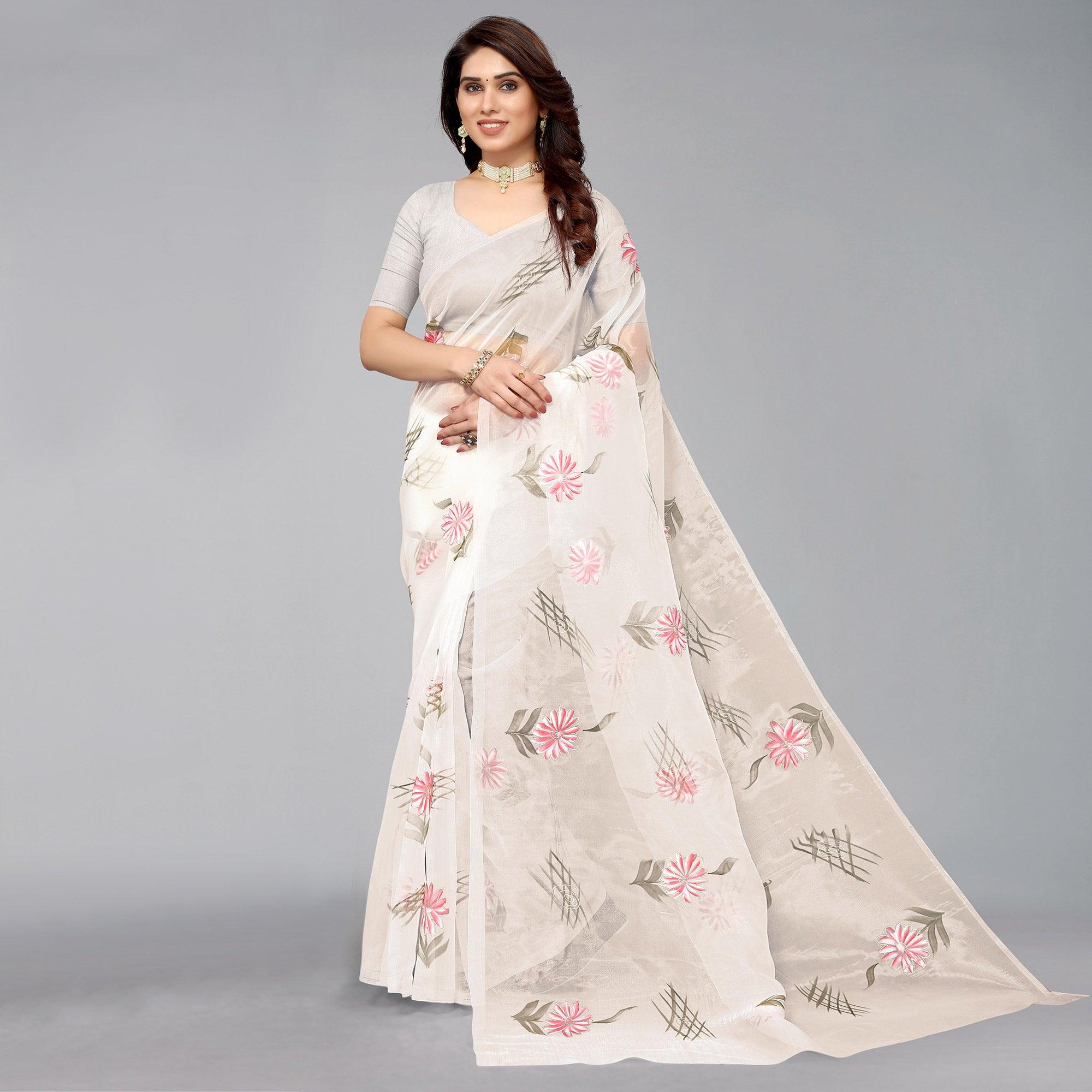 White Hand Printed Organza Saree - Peachmode