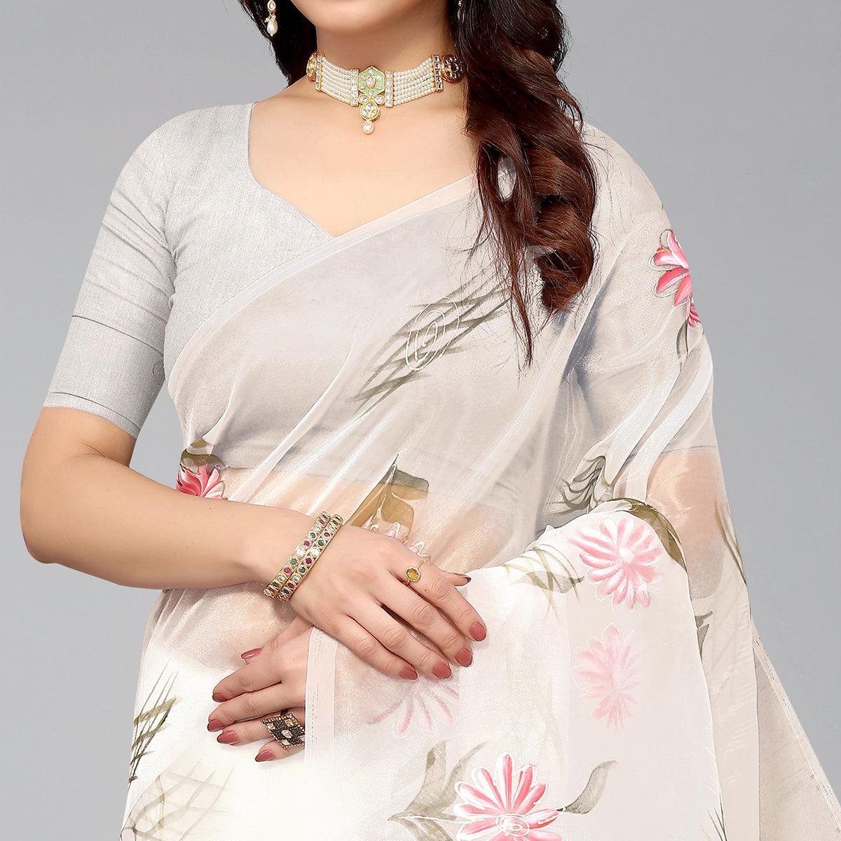 White Hand Printed Organza Saree - Peachmode