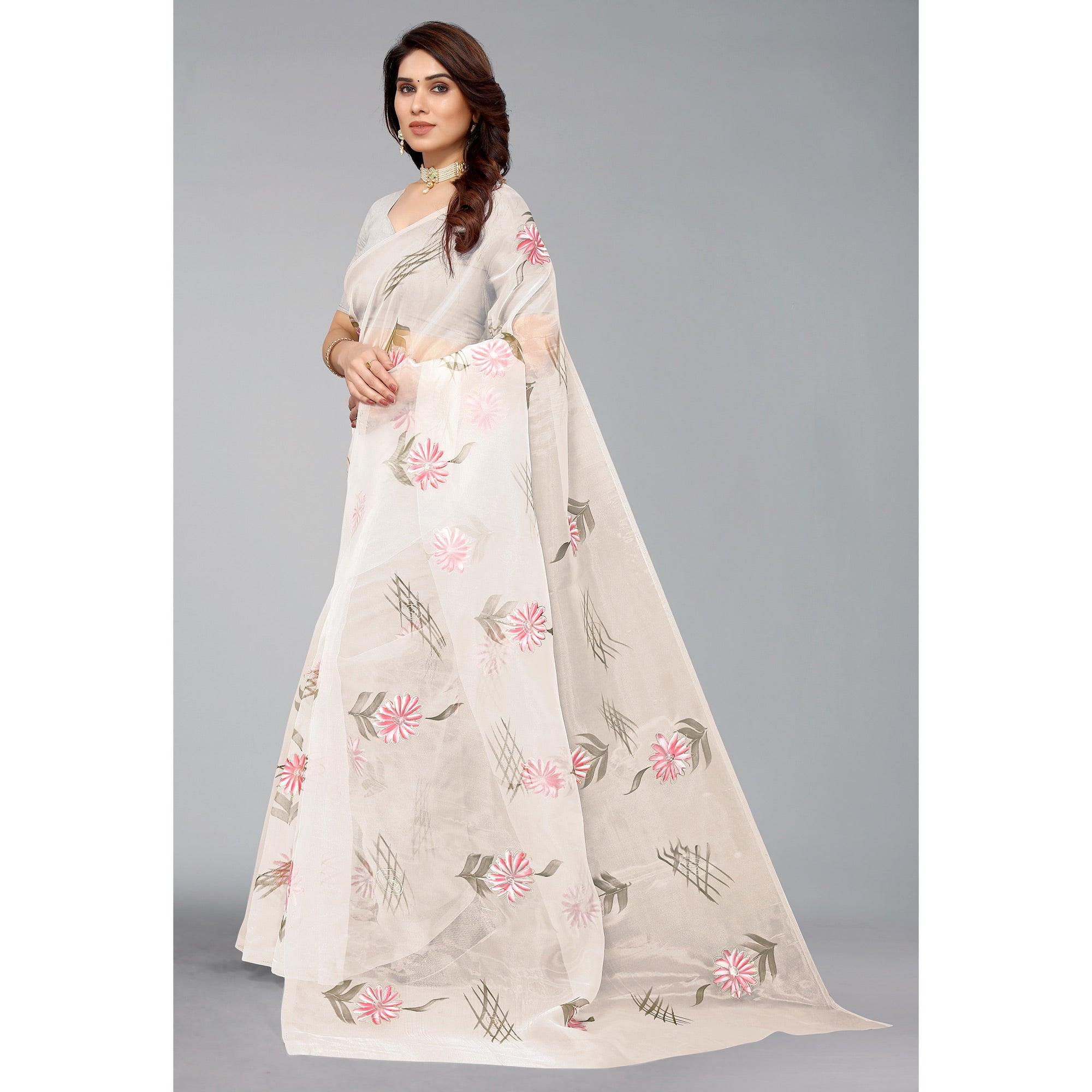 White Hand Printed Organza Saree - Peachmode