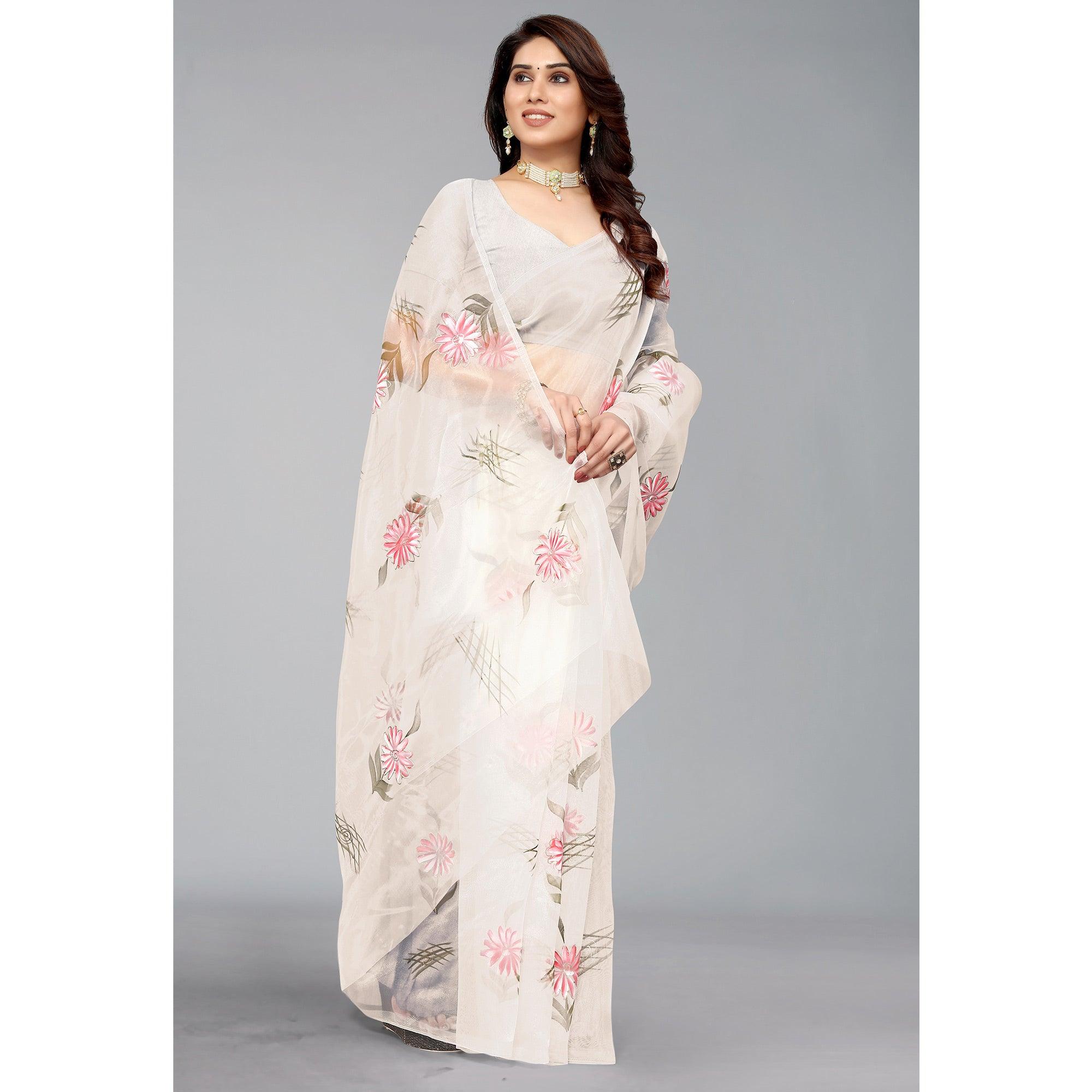 White Hand Printed Organza Saree - Peachmode