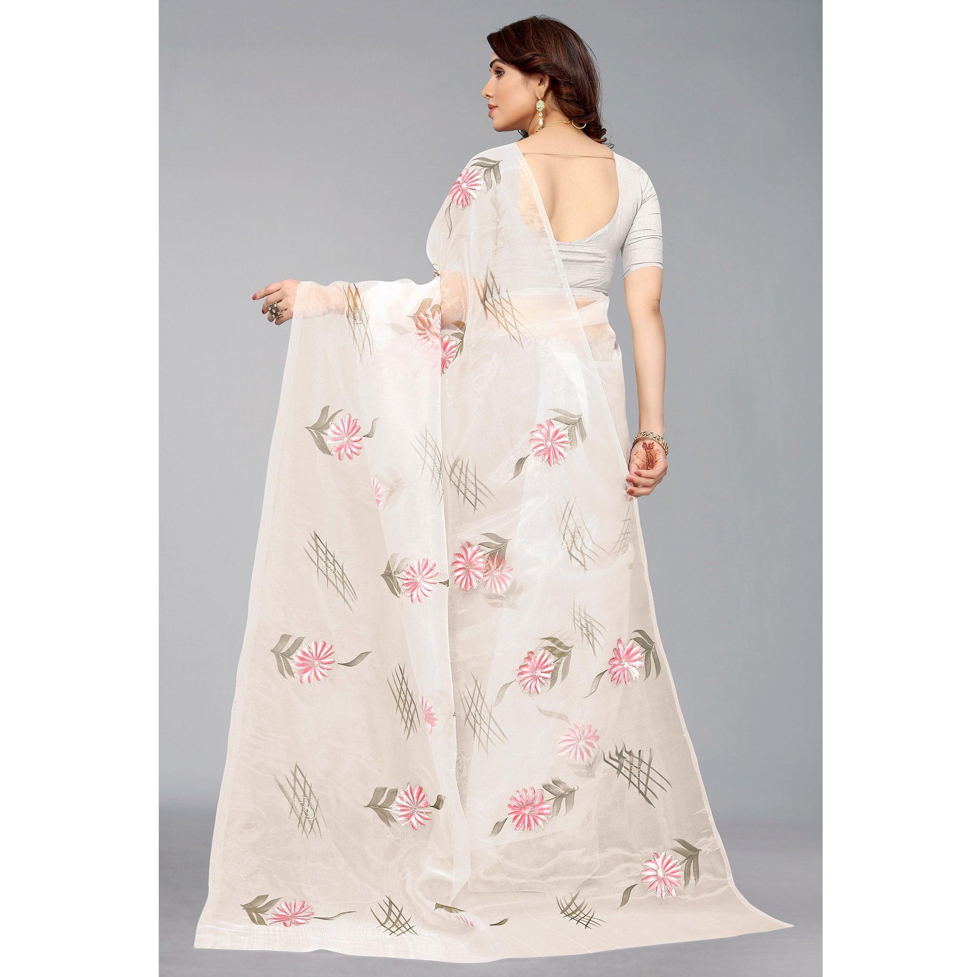 White Hand Printed Organza Saree - Peachmode