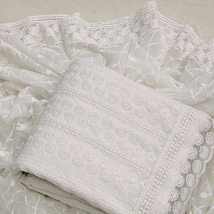 White Lucknowi Embroidered Georgette Dress Material - Peachmode