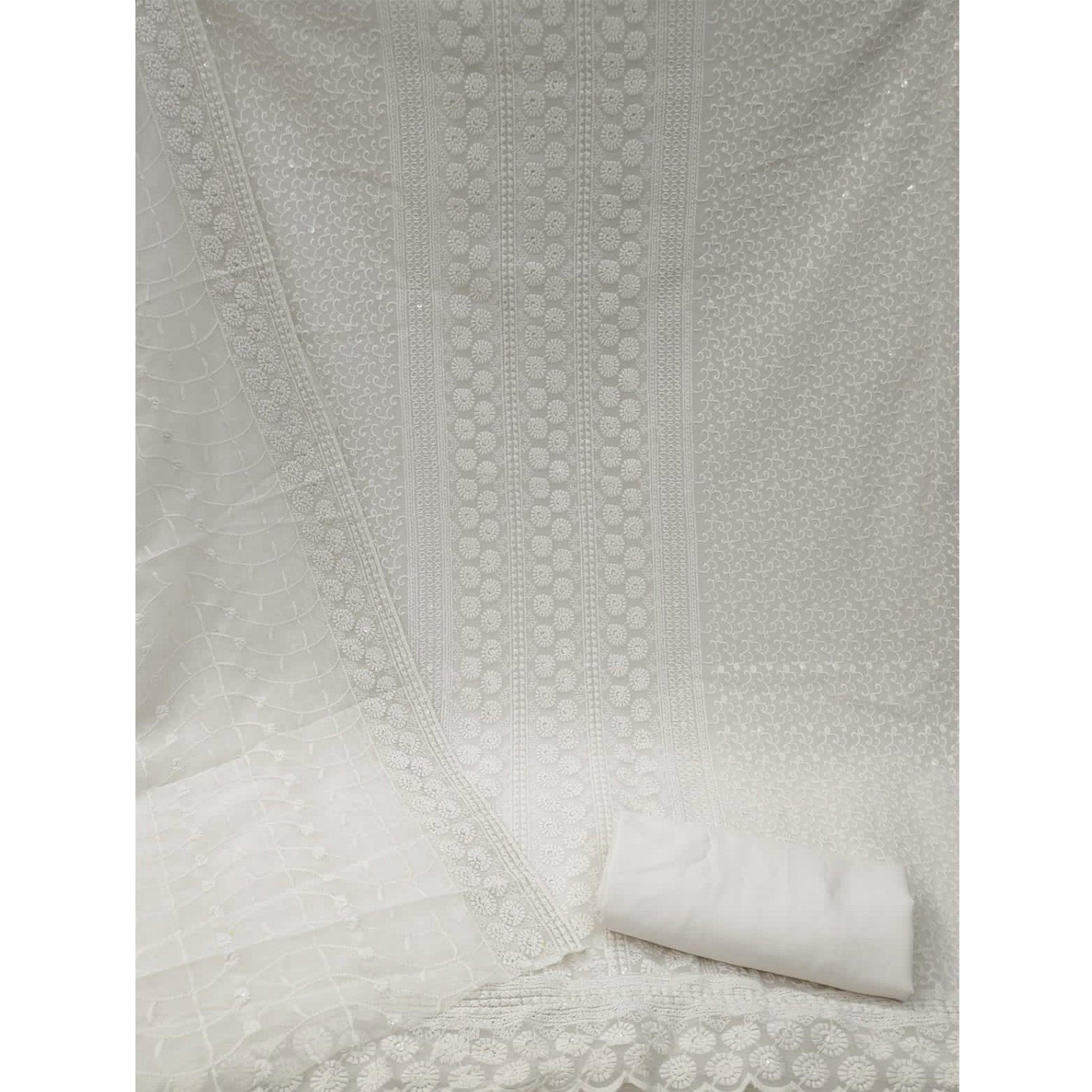 White Lucknowi Embroidered Georgette Dress Material - Peachmode