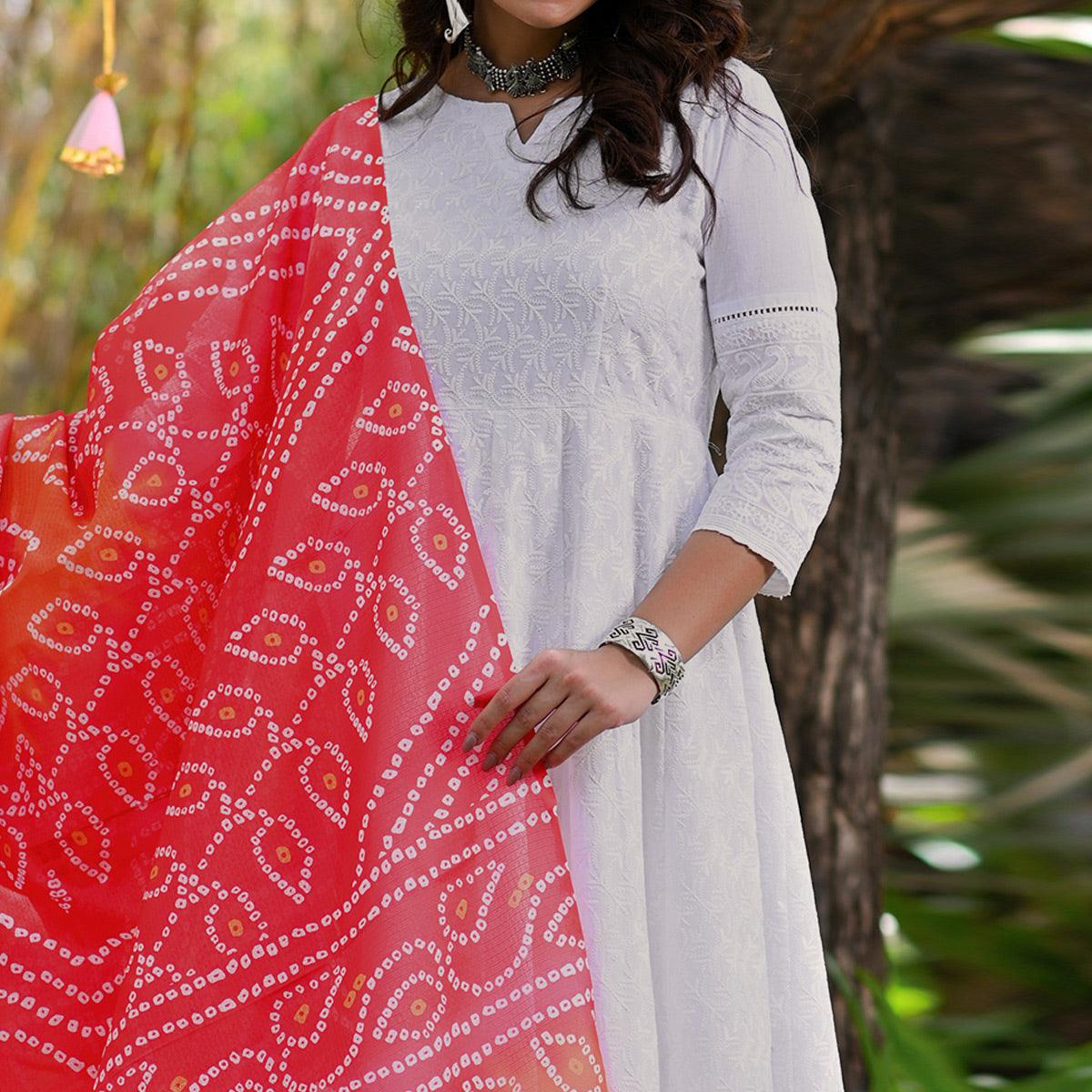 White Lucknowi Embroidered Pure Cotton Anarkali Suit - Peachmode