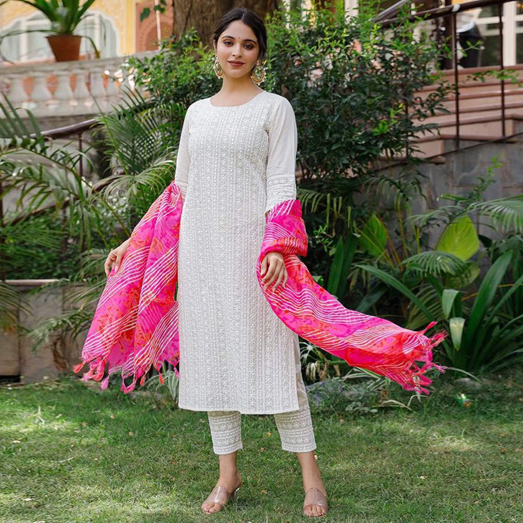 White Lucknowi Embroidered Pure Cotton Kurti Pant Set With Dupatta - Peachmode
