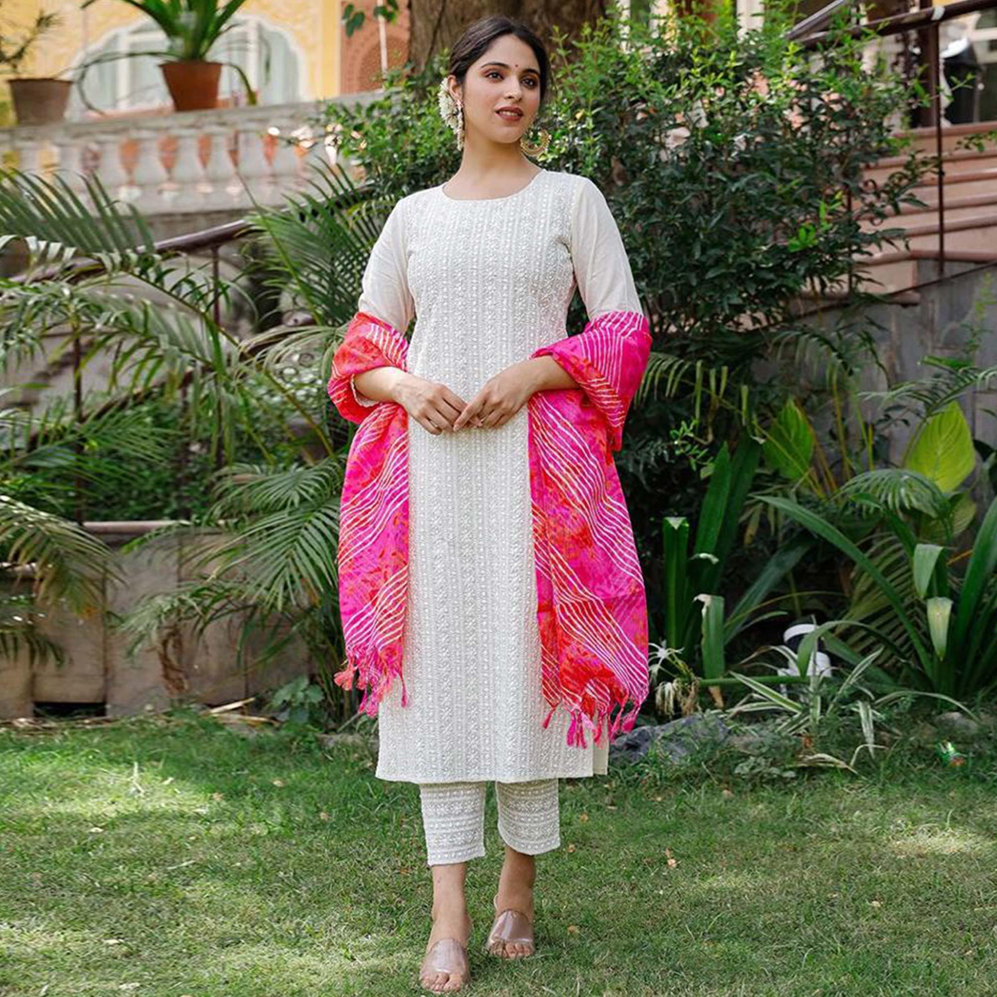 White Lucknowi Embroidered Pure Cotton Kurti Pant Set With Dupatta - Peachmode