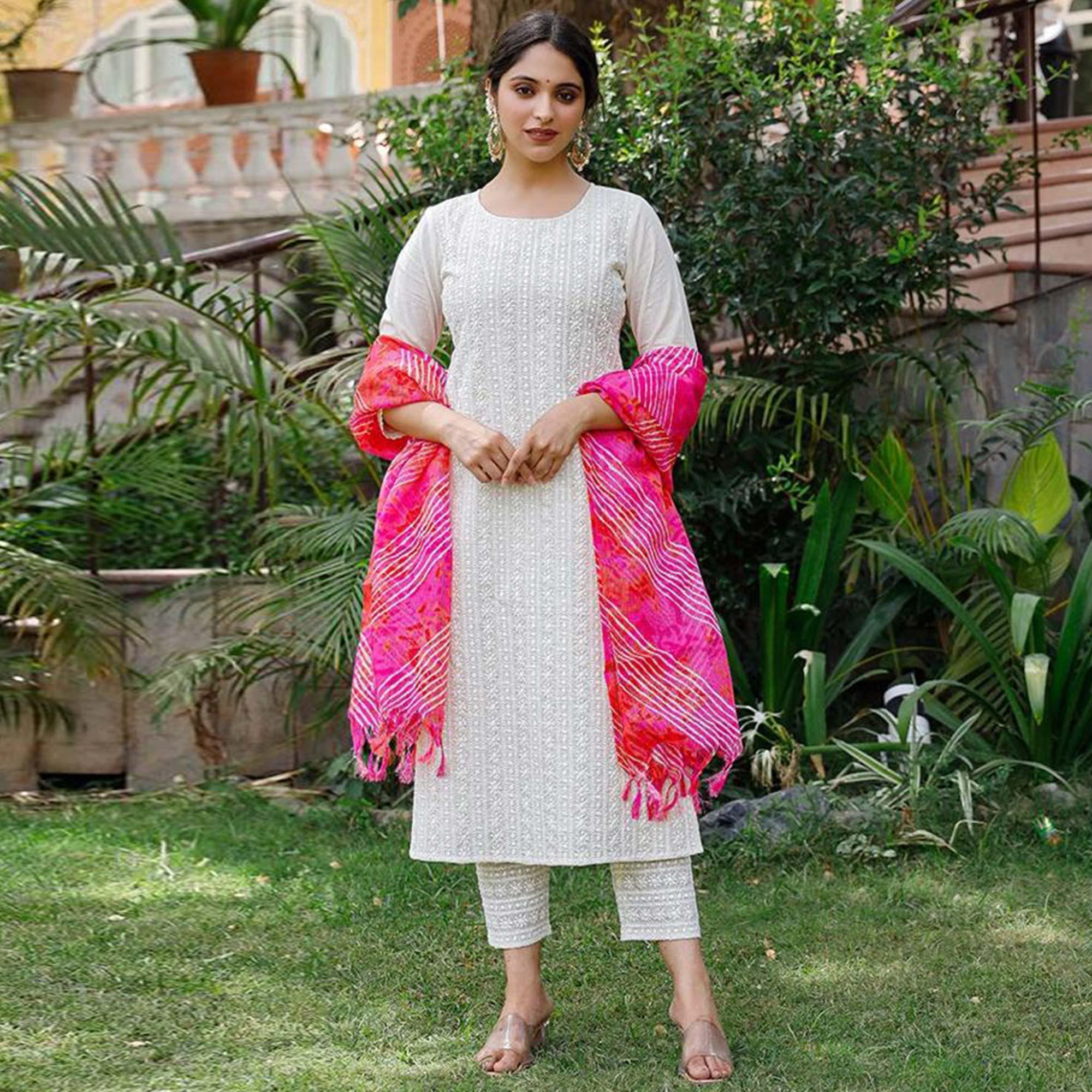 White Lucknowi Embroidered Pure Cotton Kurti Pant Set With Dupatta - Peachmode