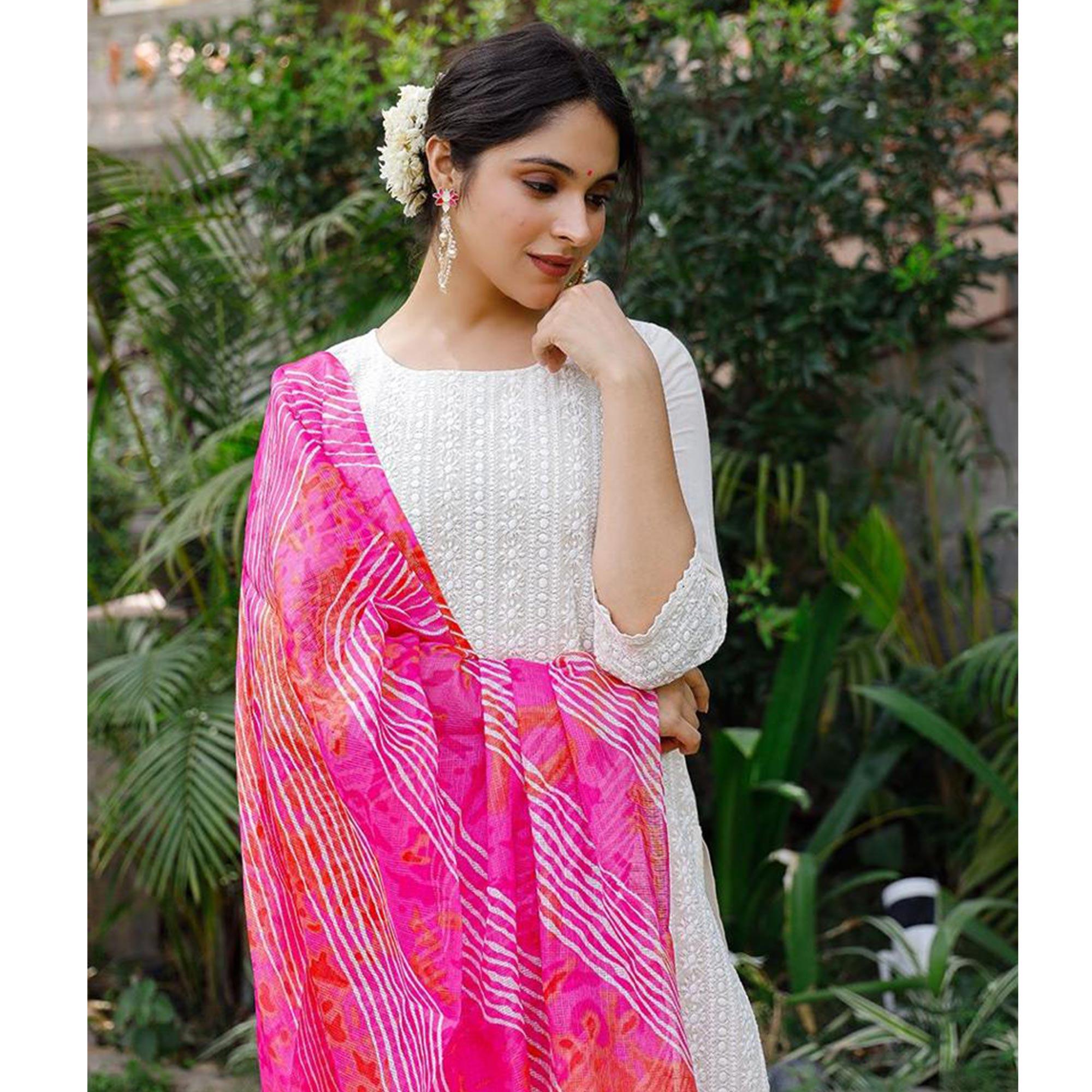 White Lucknowi Embroidered Pure Cotton Kurti Pant Set With Dupatta - Peachmode
