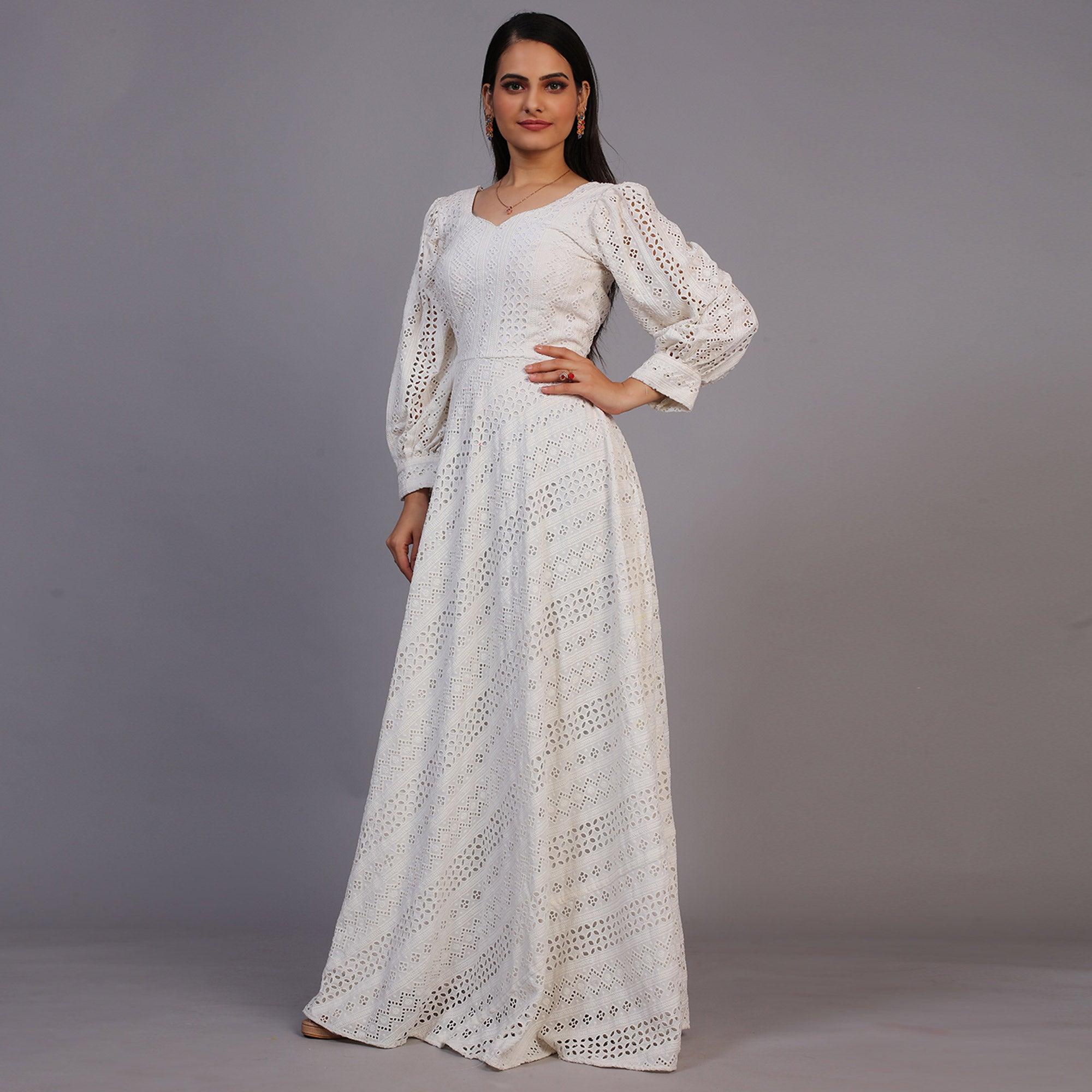 White Lucknowi Embroidered Rayon Gown - Peachmode