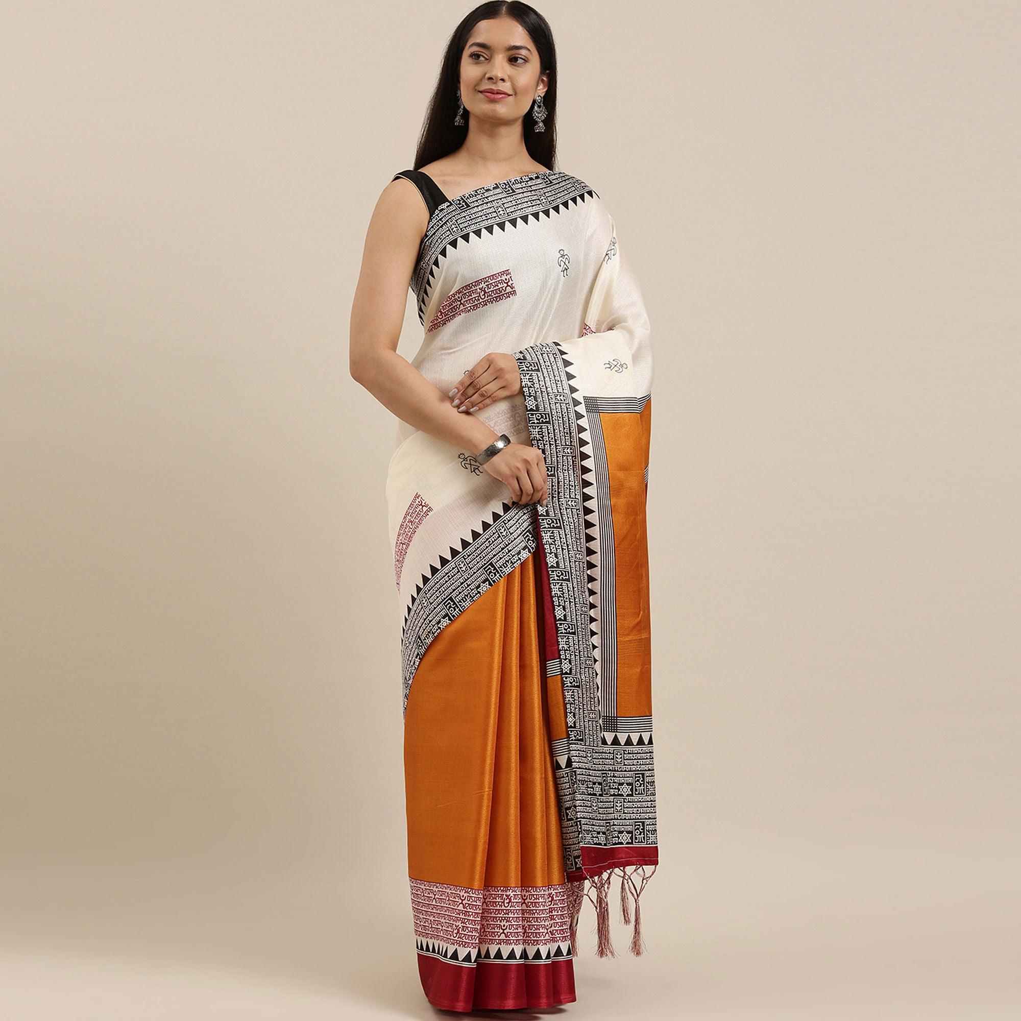 White - Mustard Casual Wear Printed Art Silk Saree With Tassels - Peachmode
