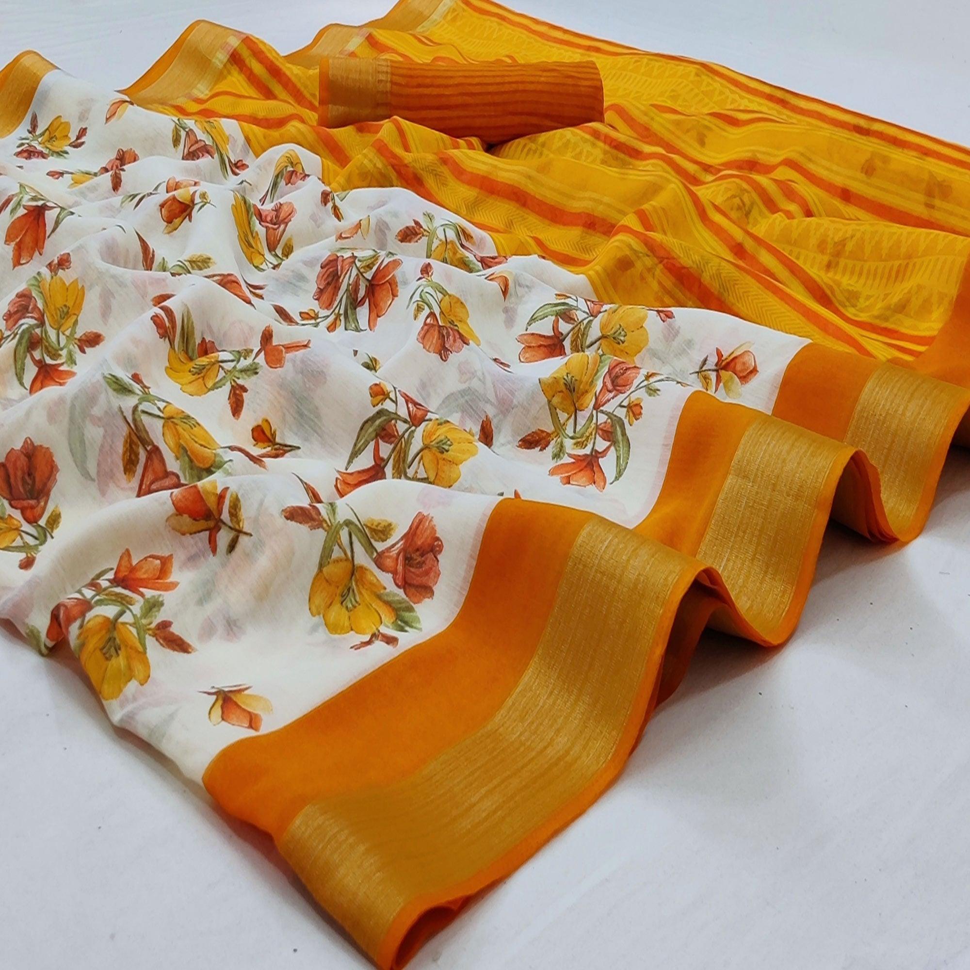 White-Mustard Yellow Casual Wear Floral Mill Printed Cotton Saree With Zari Border - Peachmode