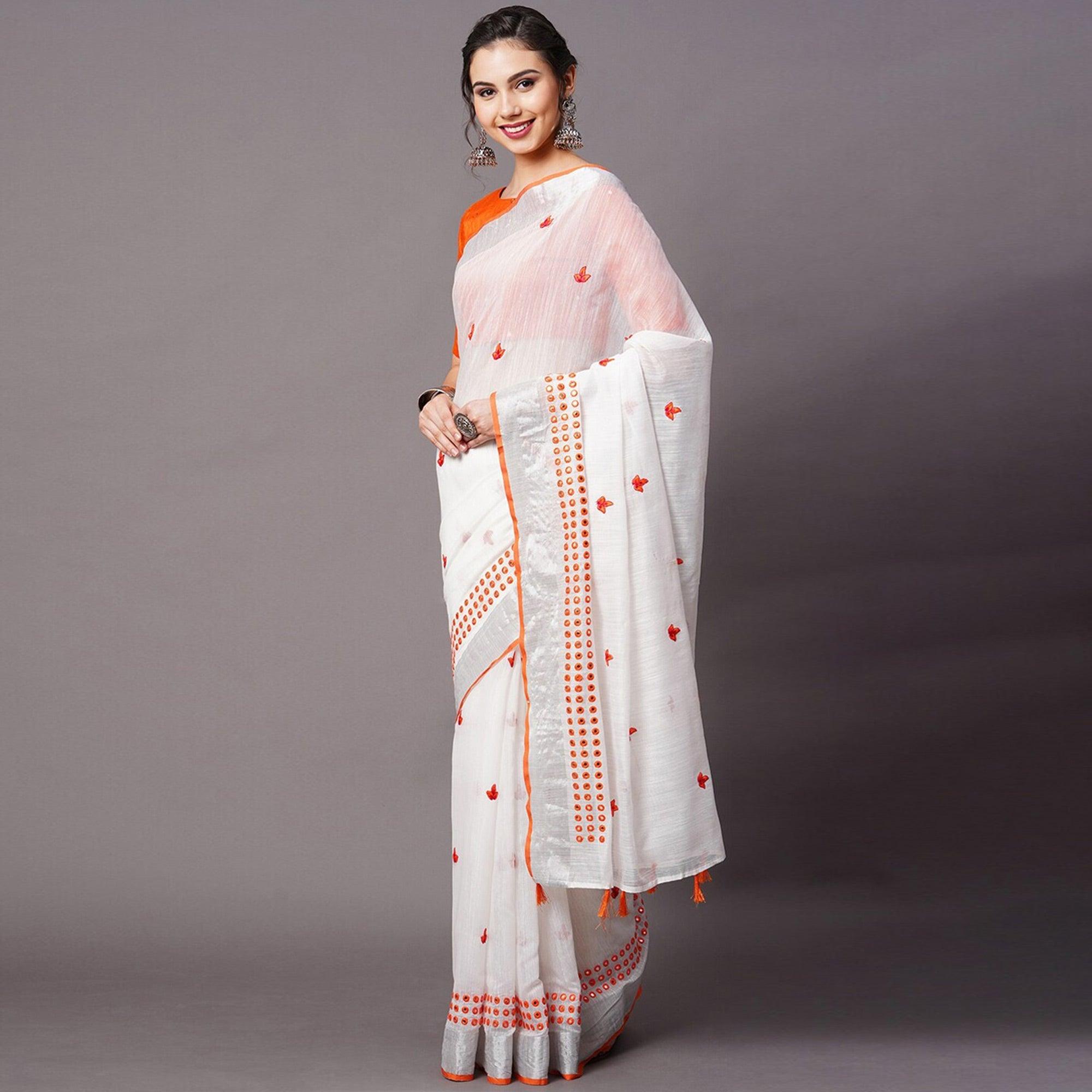 White - Orange Casual Wear Embroidered Linen Saree With Tassels - Peachmode