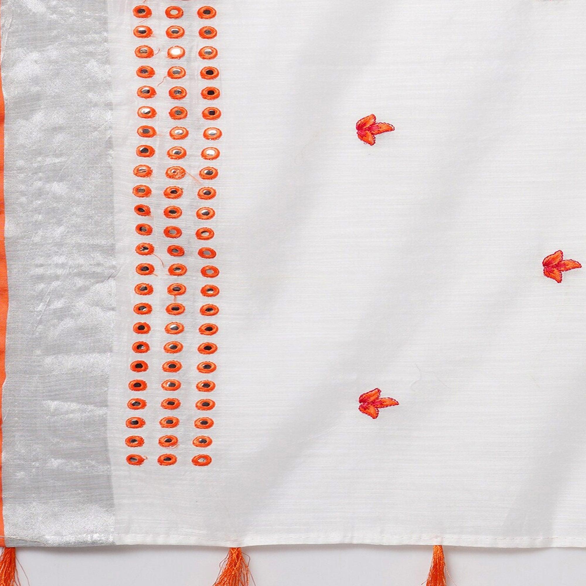 White - Orange Casual Wear Embroidered Linen Saree With Tassels - Peachmode