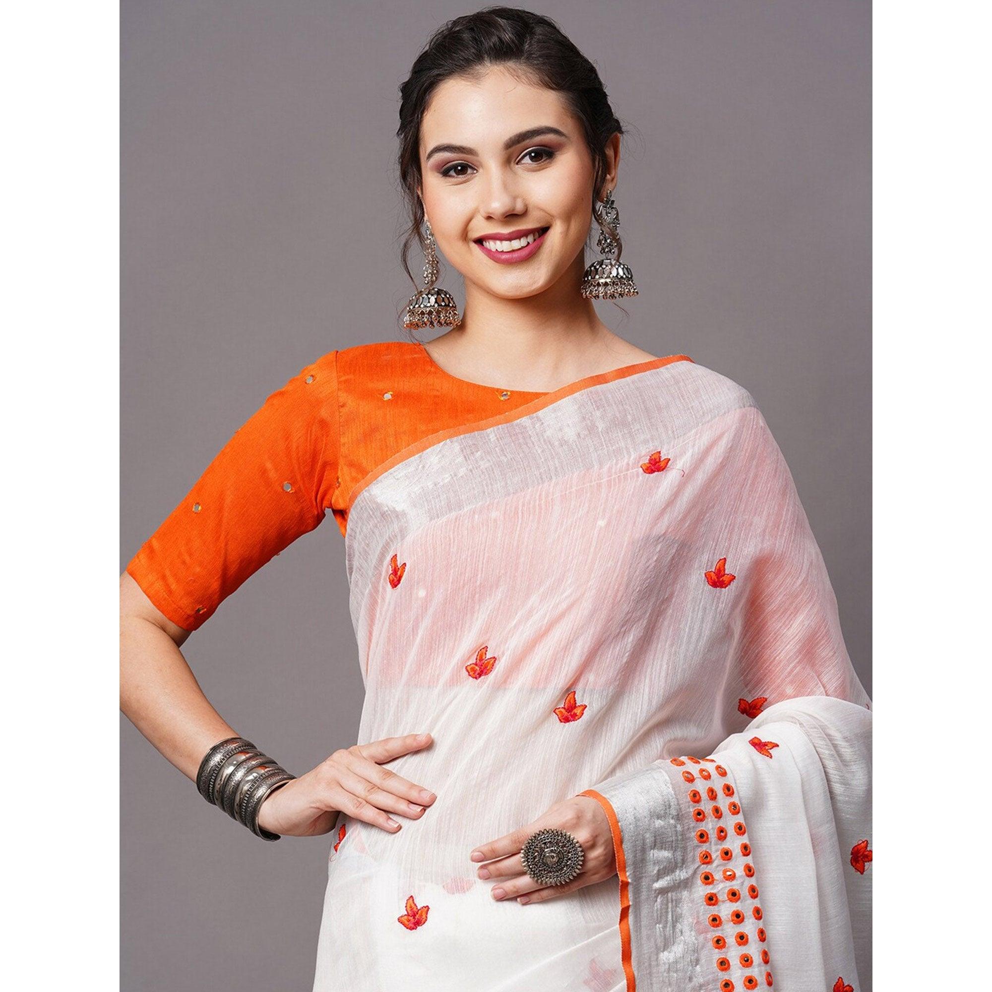 White - Orange Casual Wear Embroidered Linen Saree With Tassels - Peachmode