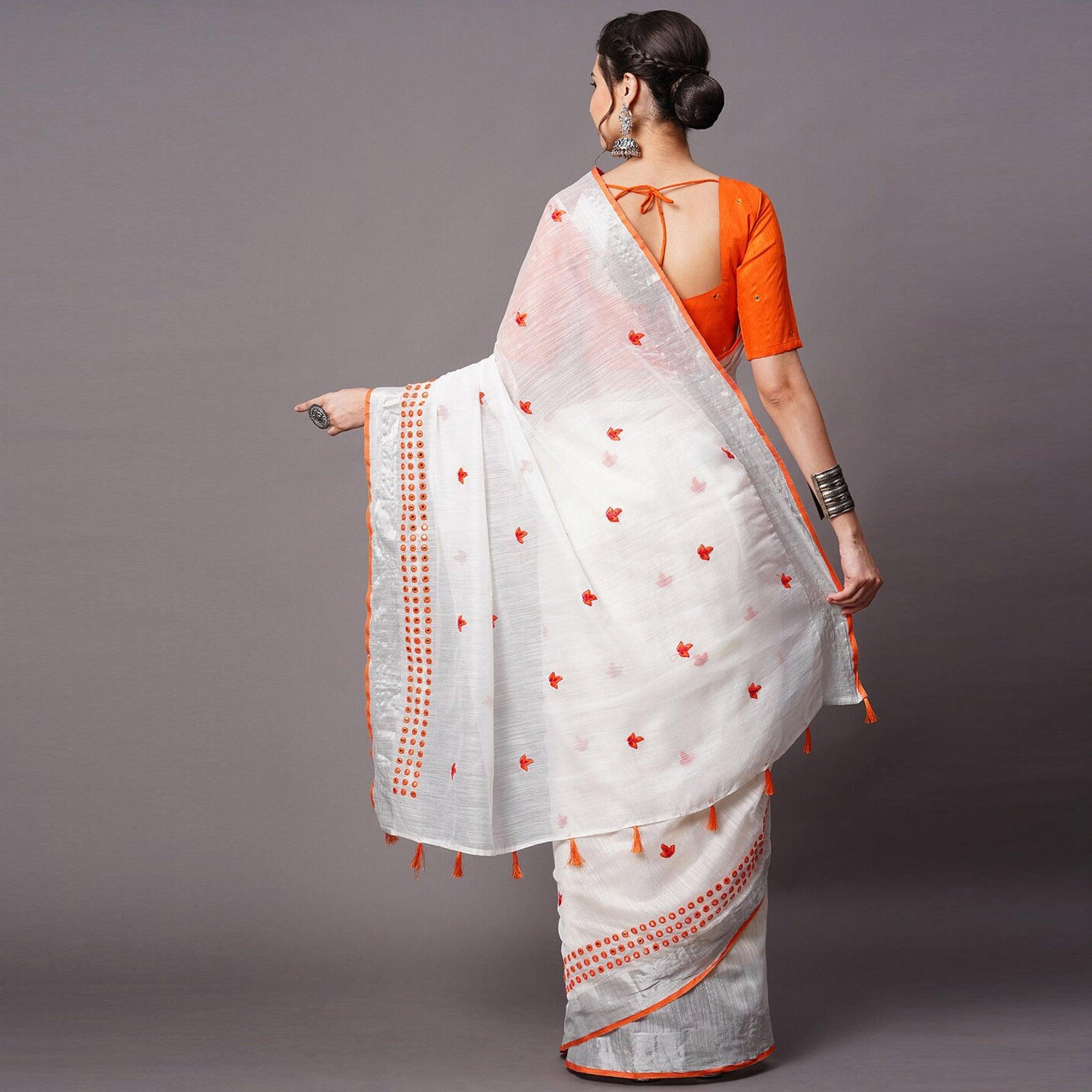 White - Orange Casual Wear Embroidered Linen Saree With Tassels - Peachmode