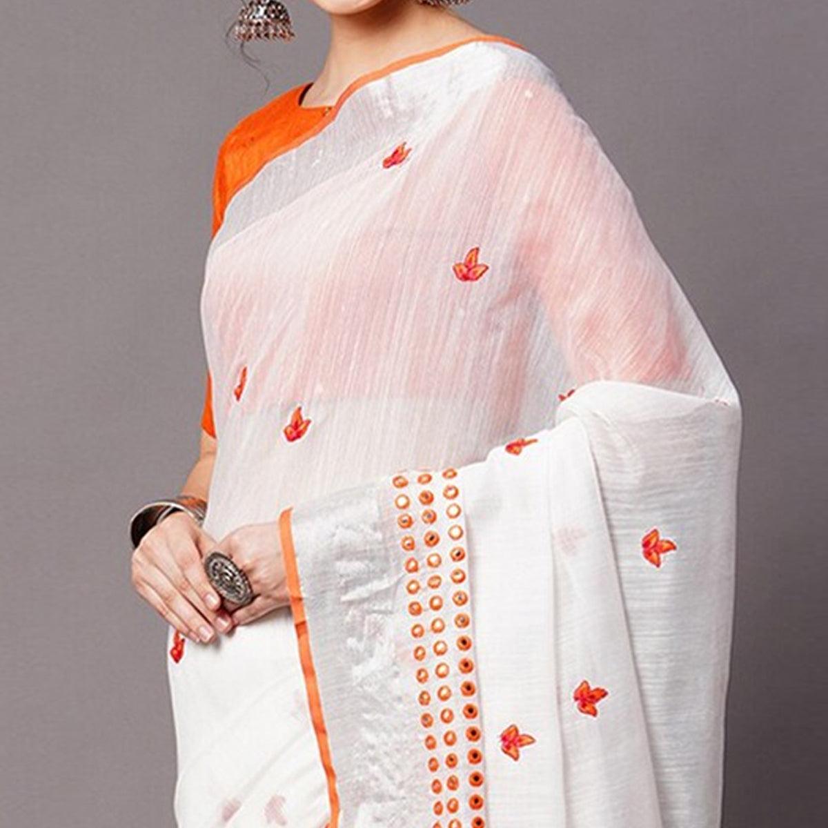 White - Orange Casual Wear Embroidered Linen Saree With Tassels - Peachmode