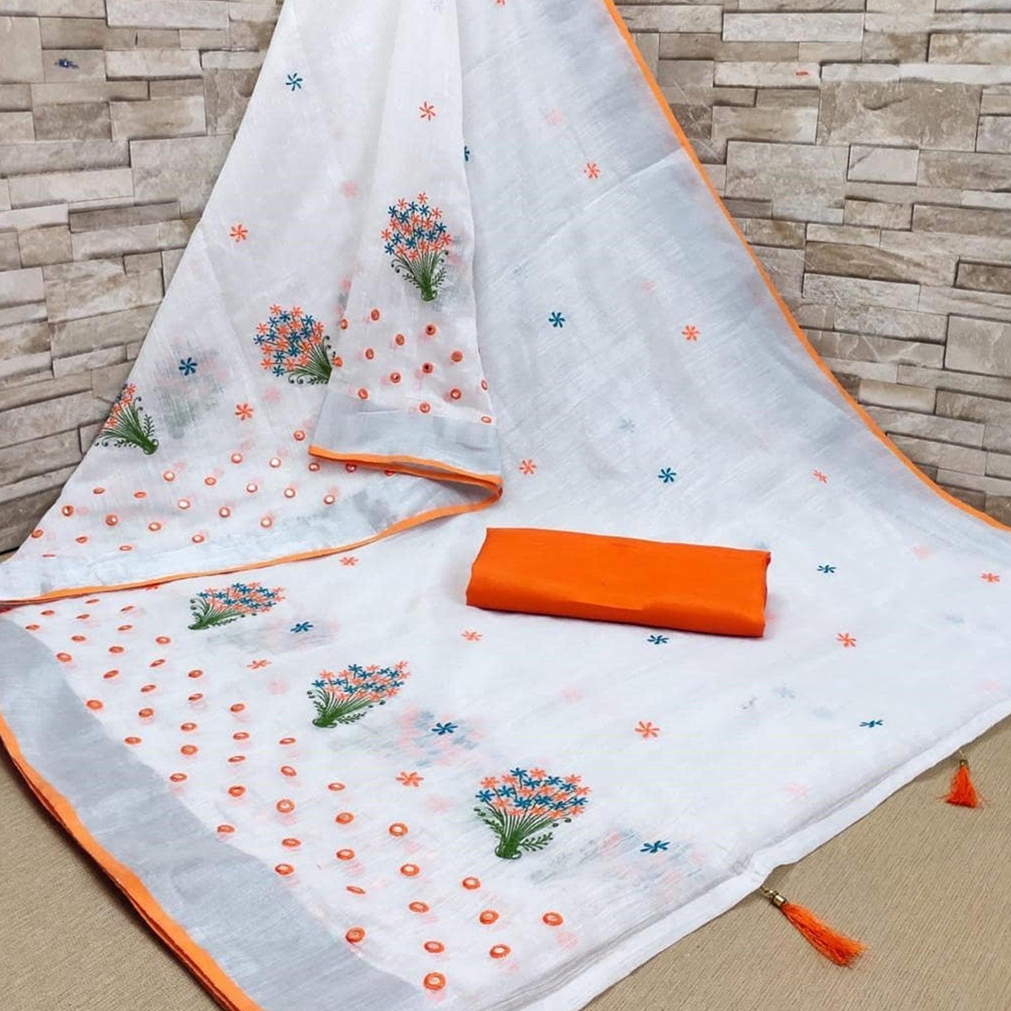 White - Orange Casual Wear Floral Embroidered Linen Saree - Peachmode