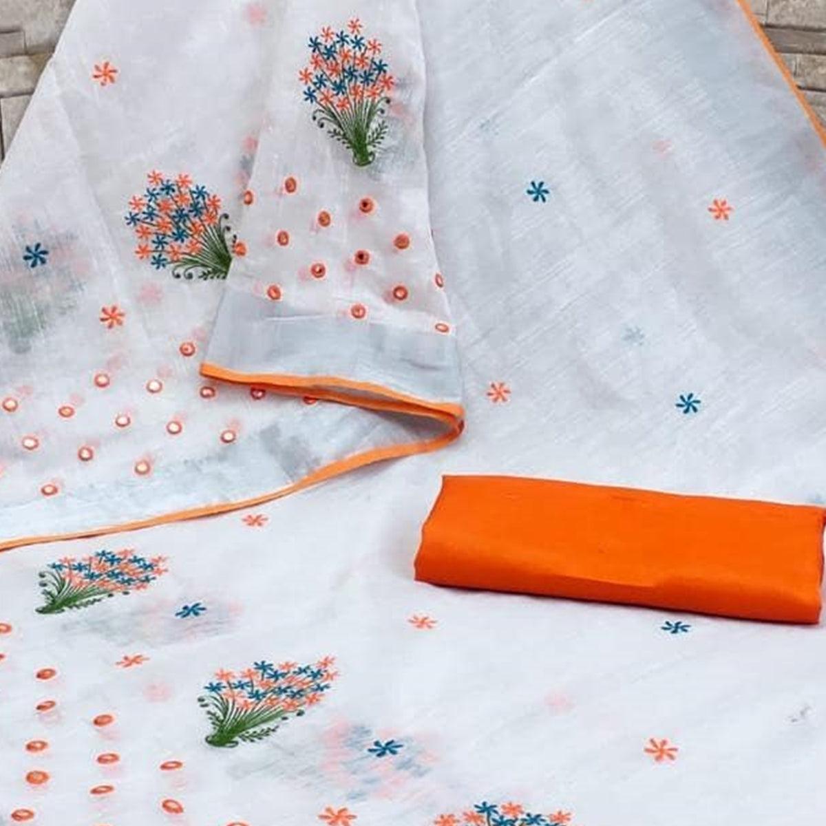 White - Orange Casual Wear Floral Embroidered Linen Saree - Peachmode