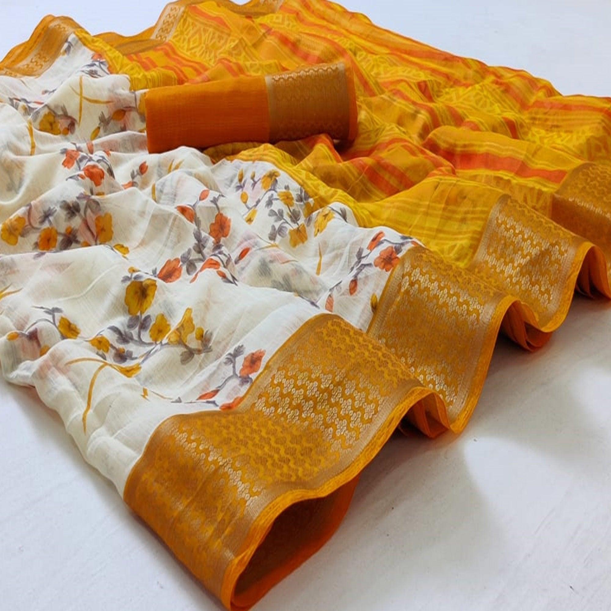 White-Orange Festive Wear Floral Printed Woven Border Cotton Saree - Peachmode