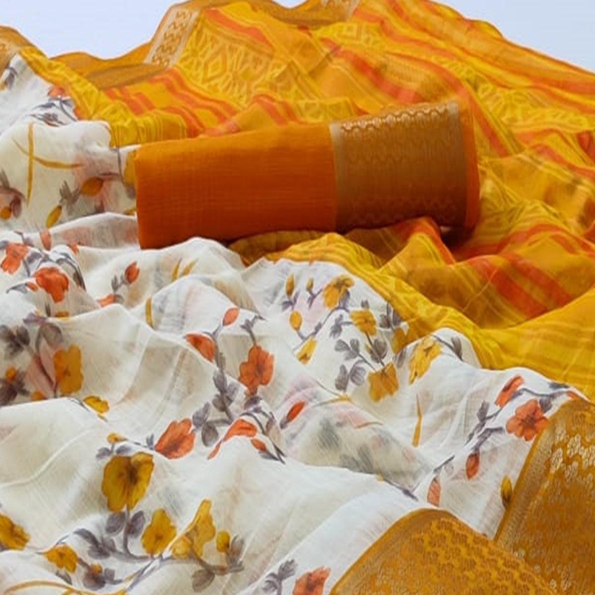 White-Orange Festive Wear Floral Printed Woven Border Cotton Saree - Peachmode