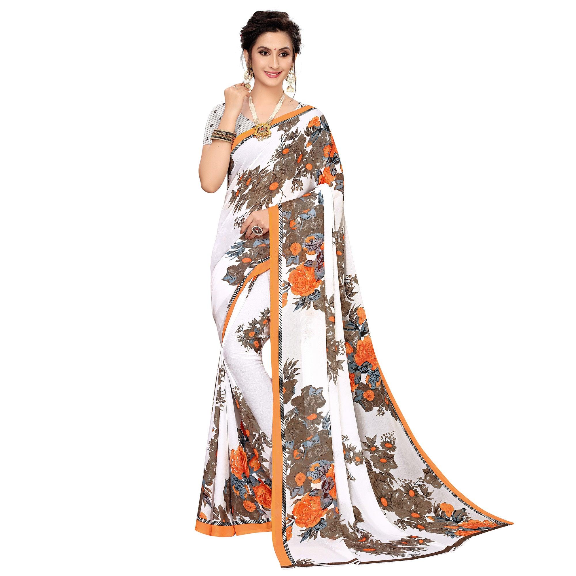 White-Orange Printed Georgette Saree - Peachmode