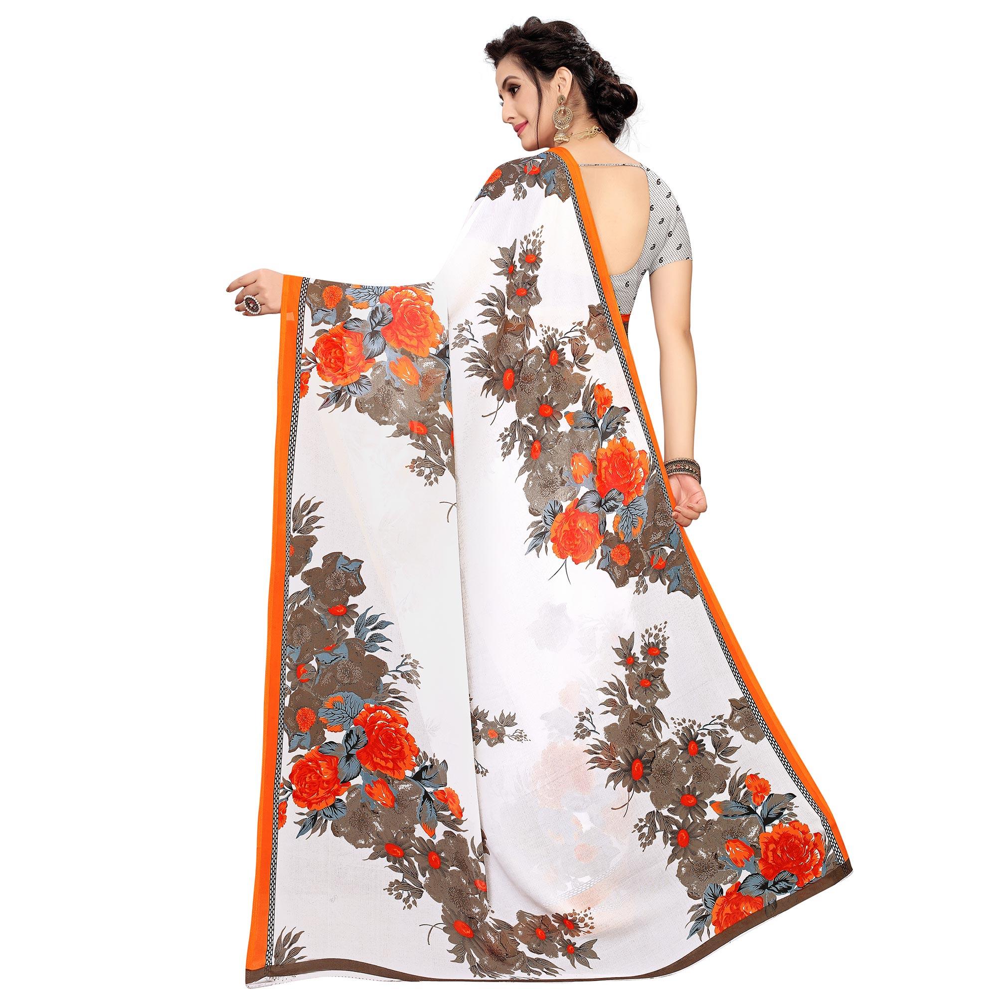 White-Orange Printed Georgette Saree - Peachmode