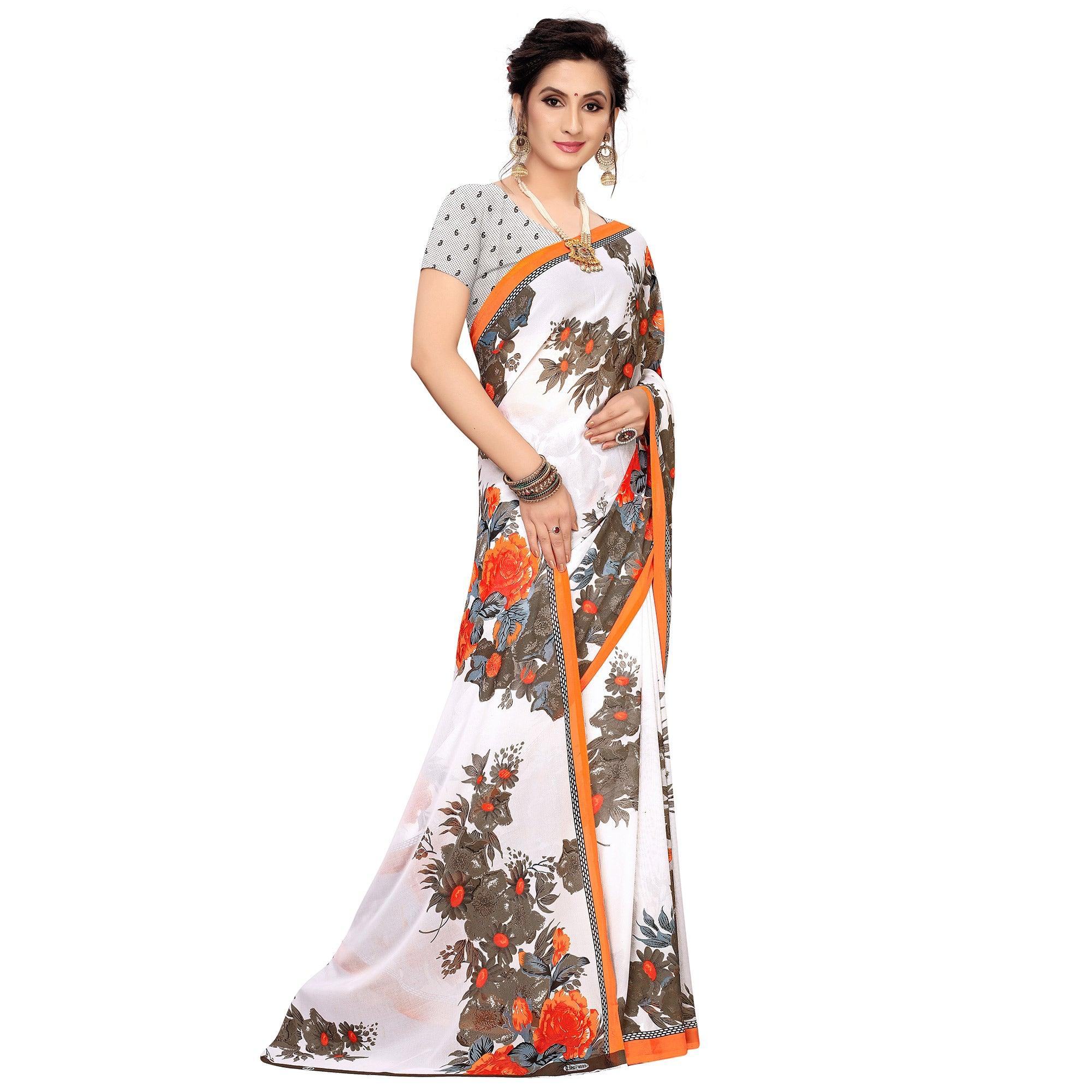 White-Orange Printed Georgette Saree - Peachmode