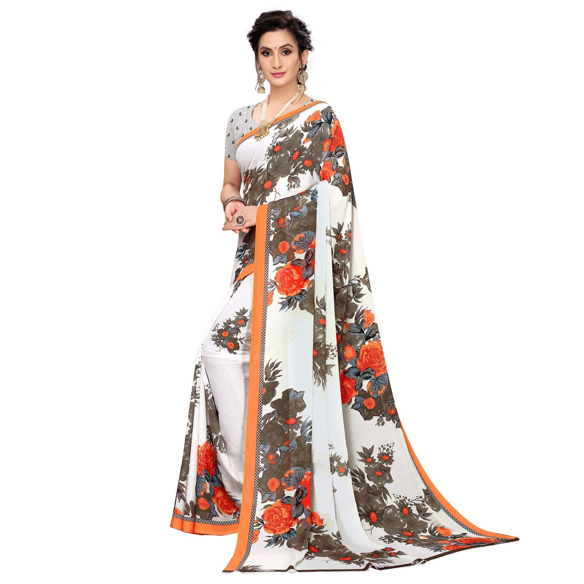 White-Orange Printed Georgette Saree - Peachmode